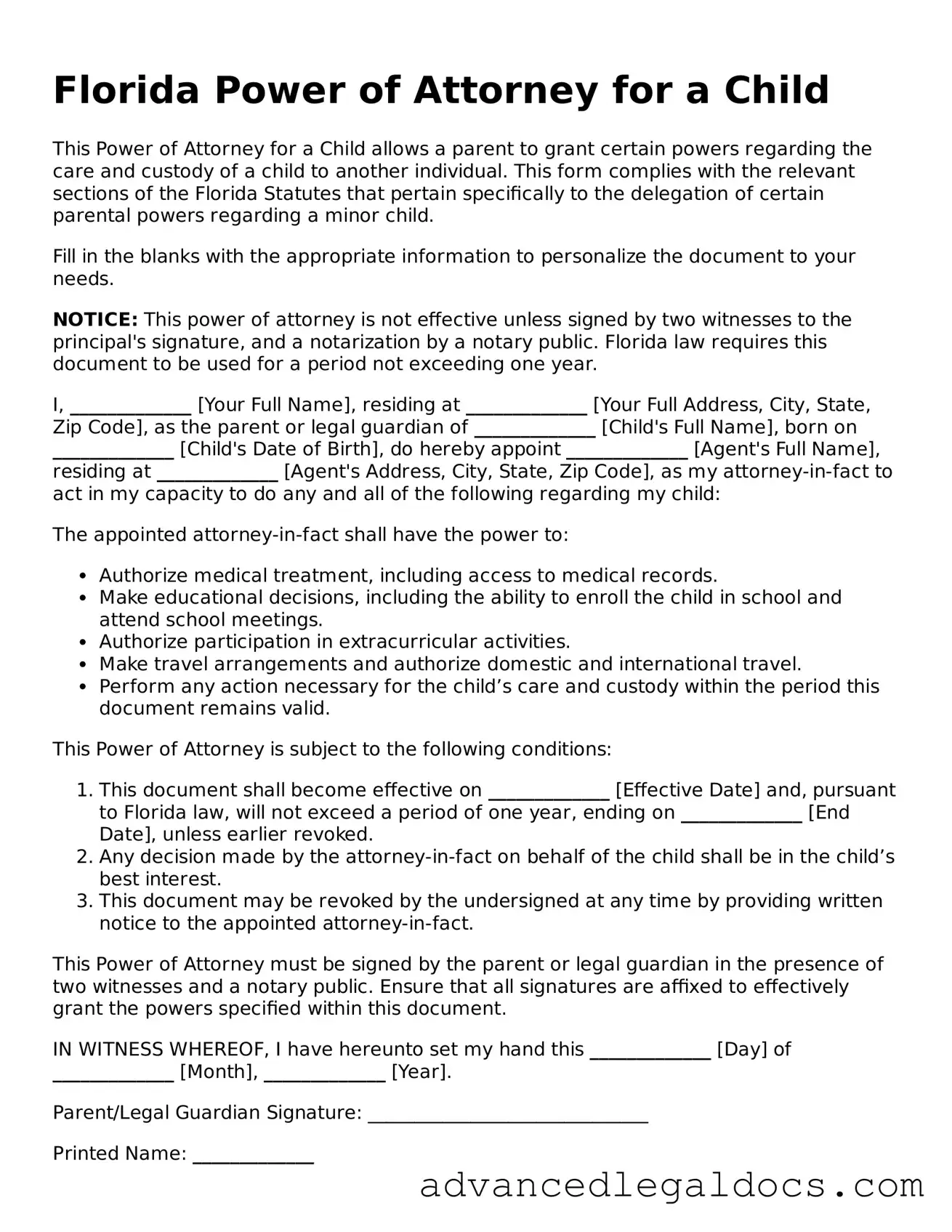 Fillable Power of Attorney for a Child Form for Florida State