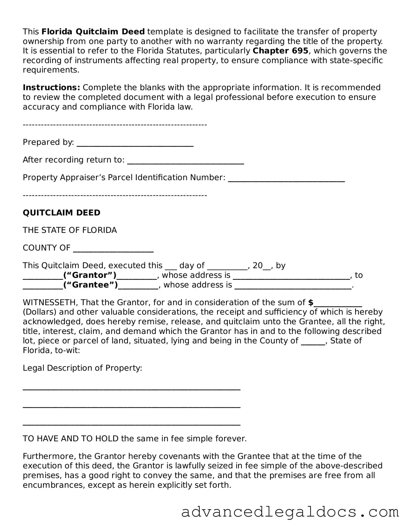 Fillable Quitclaim Deed Form for Florida State