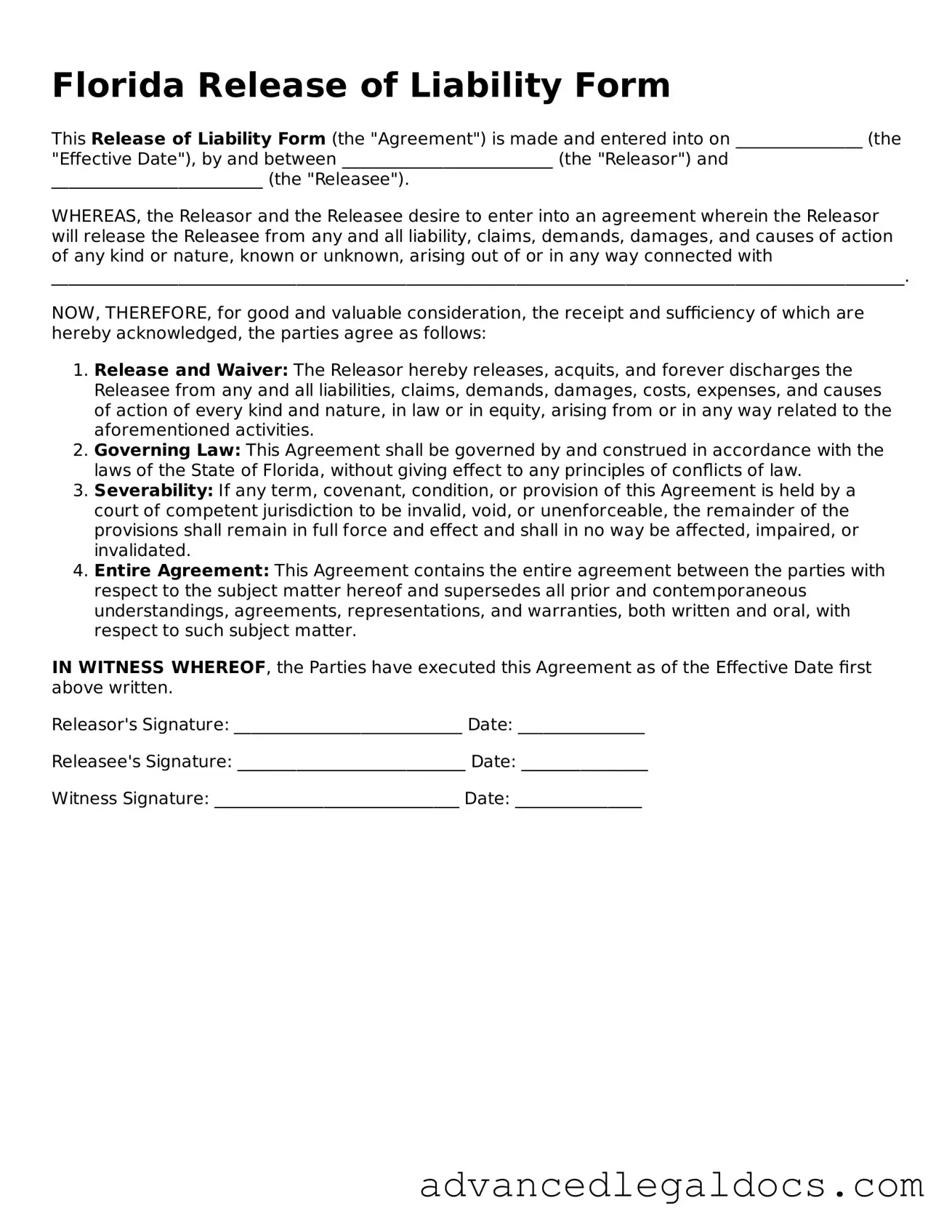 Fillable Release of Liability Form for Florida State