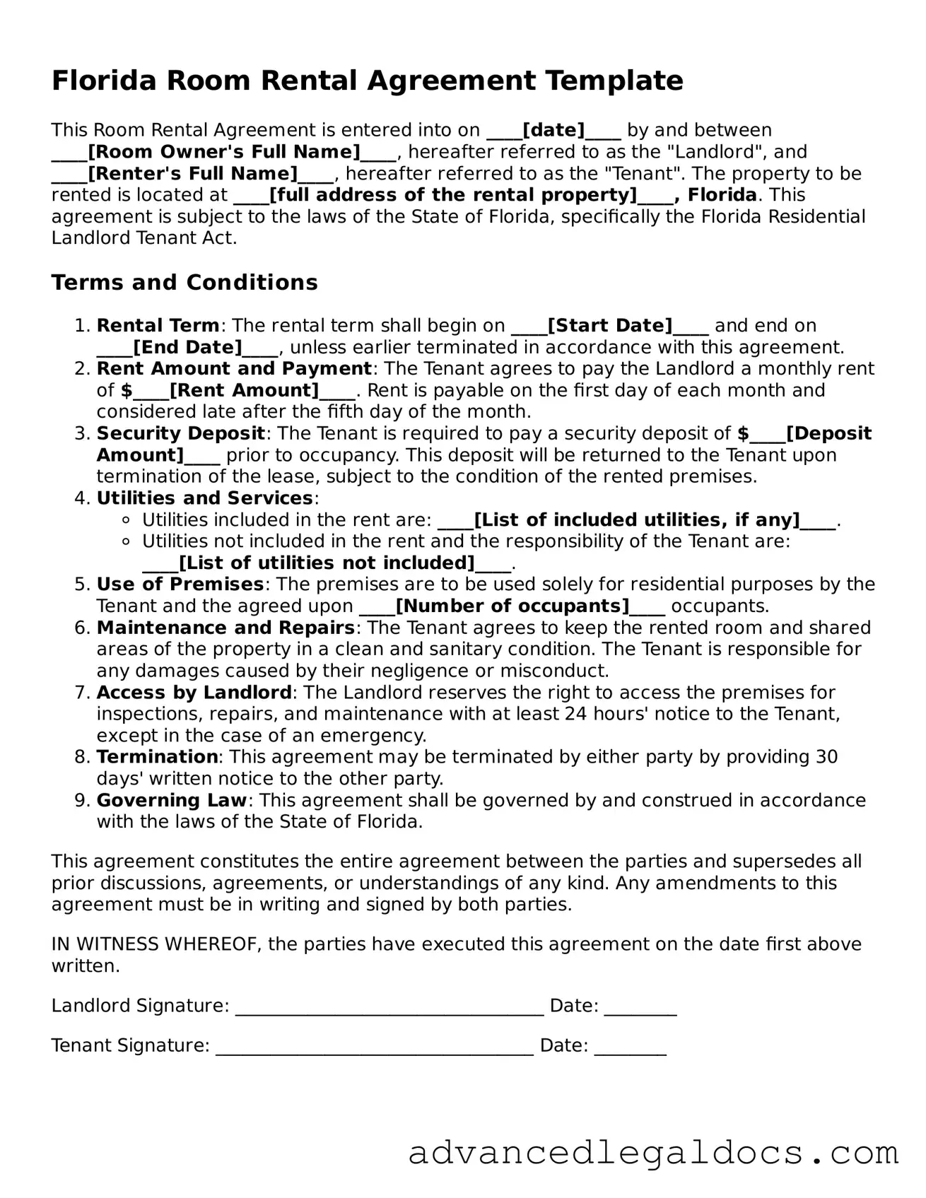 Fillable Room Rental Agreement Form for Florida State