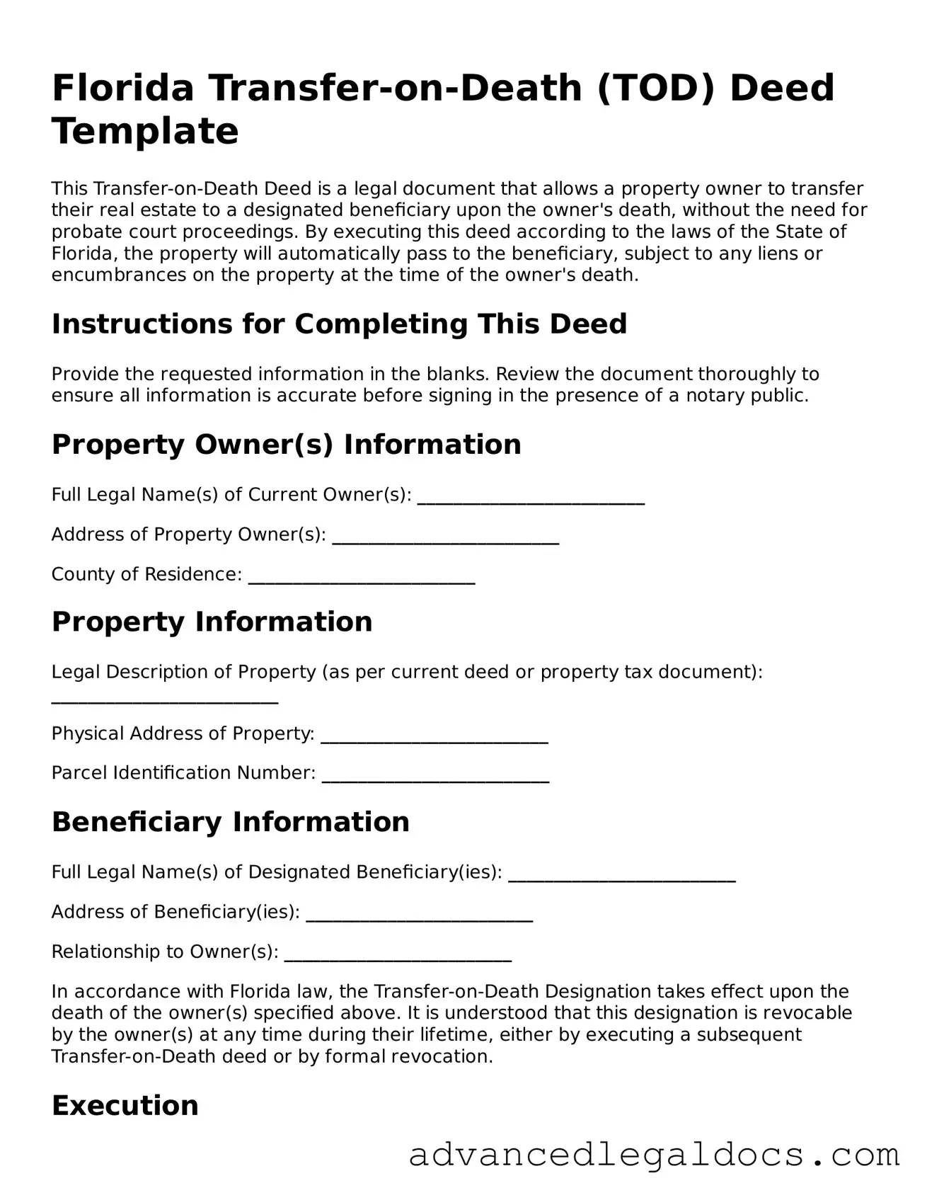 Fillable Transfer-on-Death Deed Form for Florida State