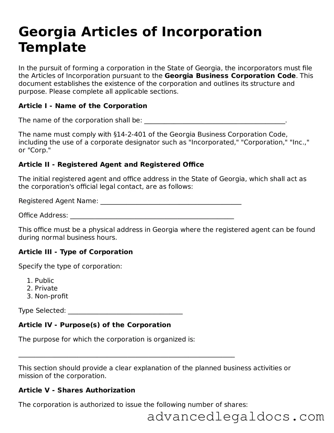 Fillable Articles of Incorporation Form for Georgia State