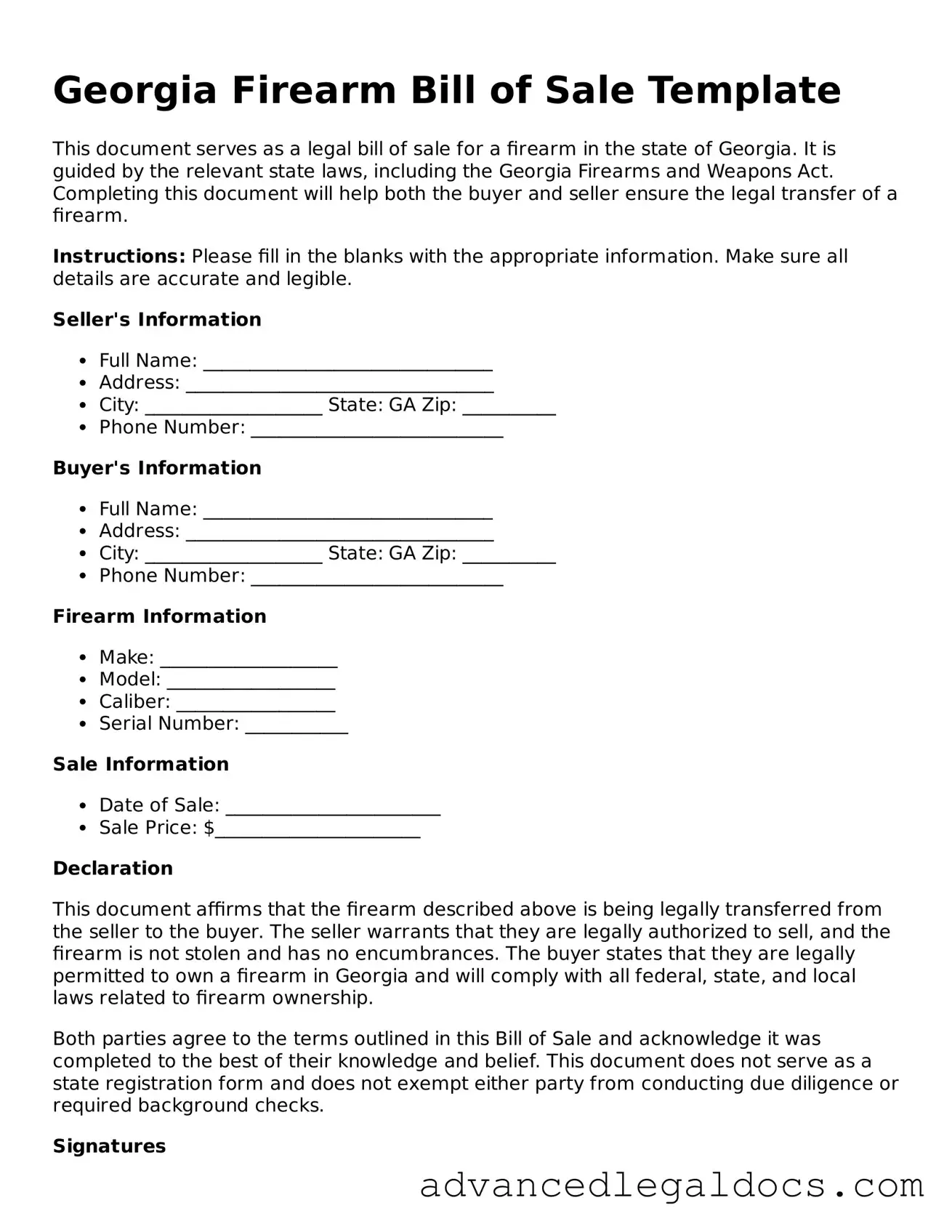 Fillable Firearm Bill of Sale Form for Georgia State