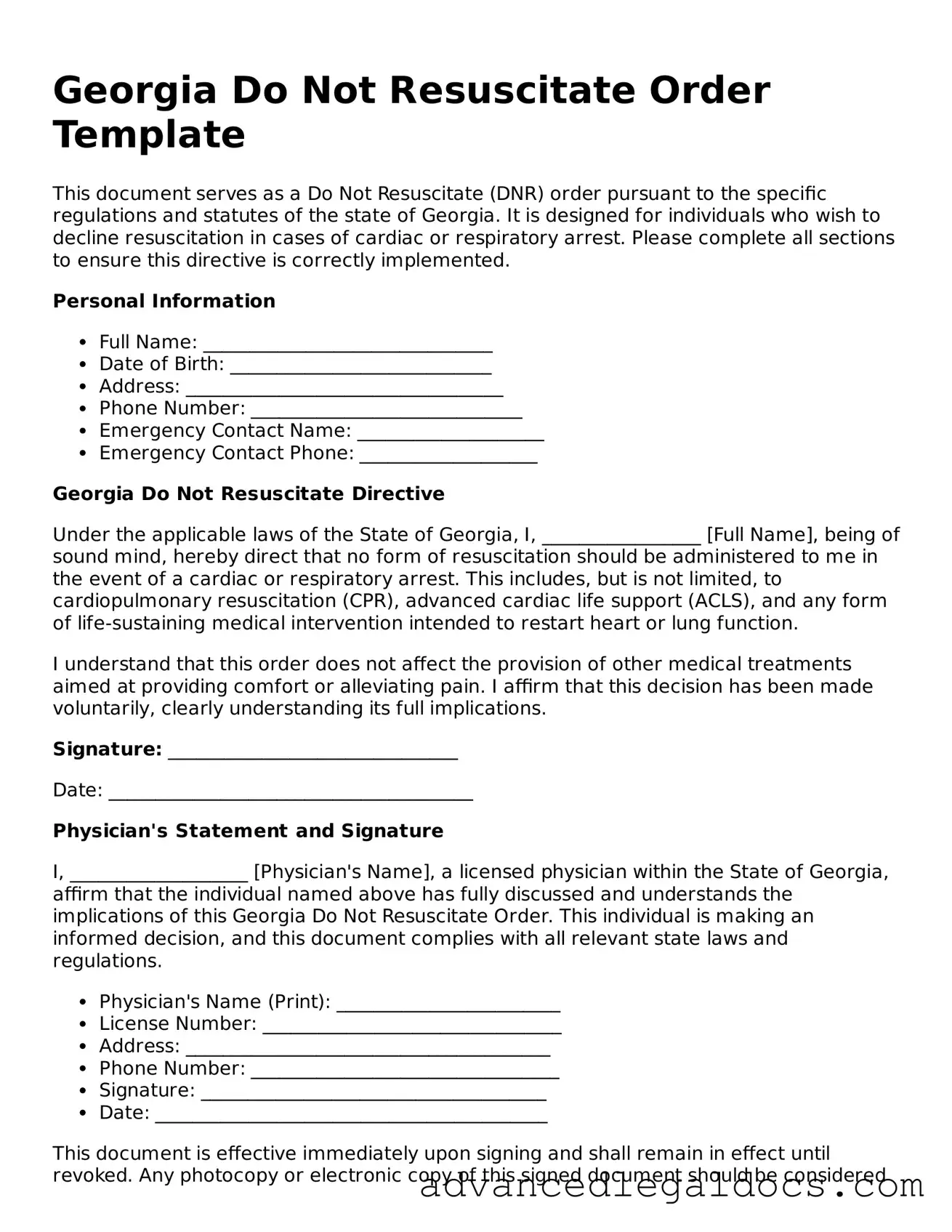 Fillable Do Not Resuscitate Order Form for Georgia State