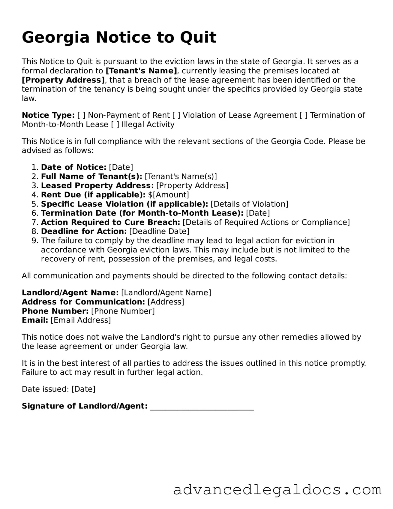 Fillable Notice to Quit Form for Georgia State