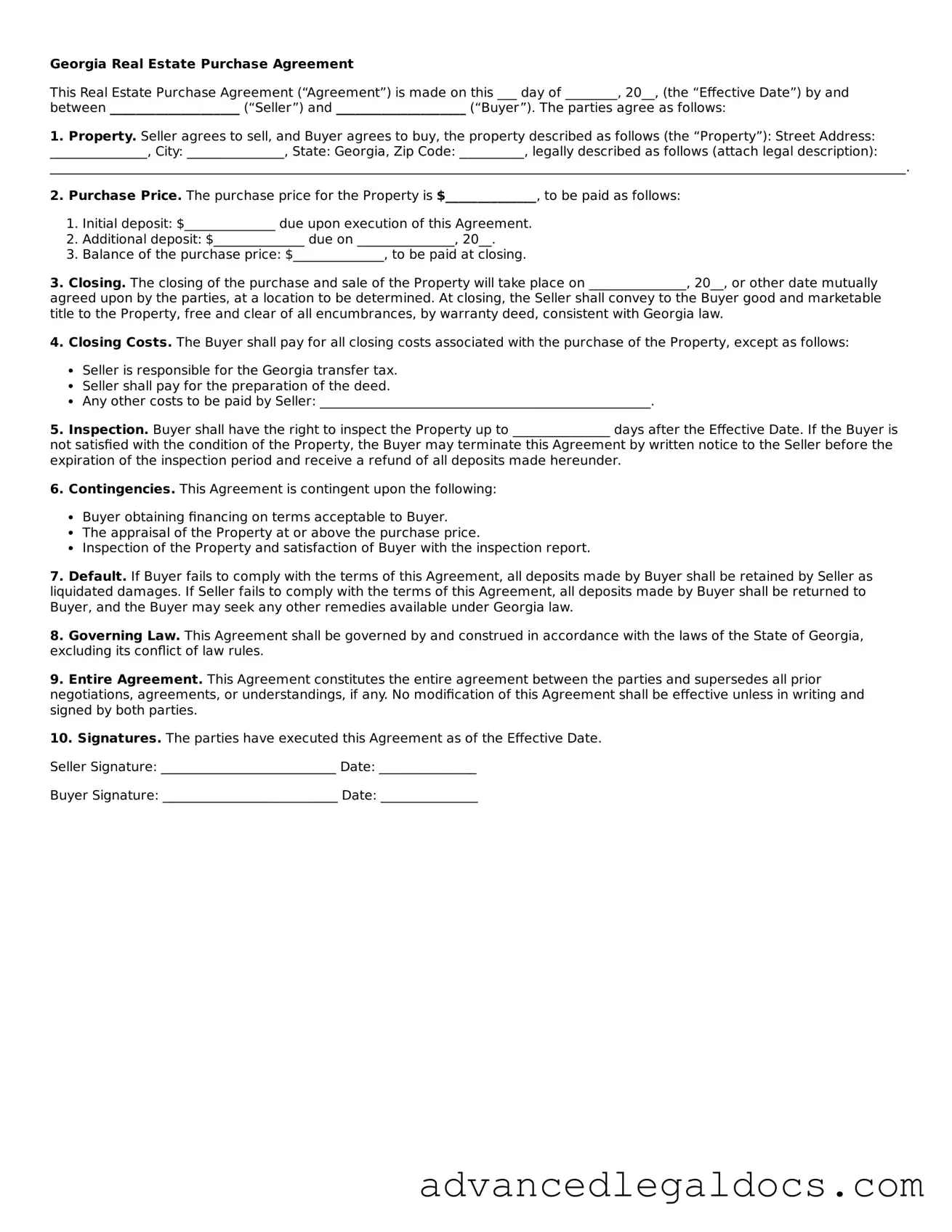 Fillable Real Estate Purchase Agreement Form for Georgia State