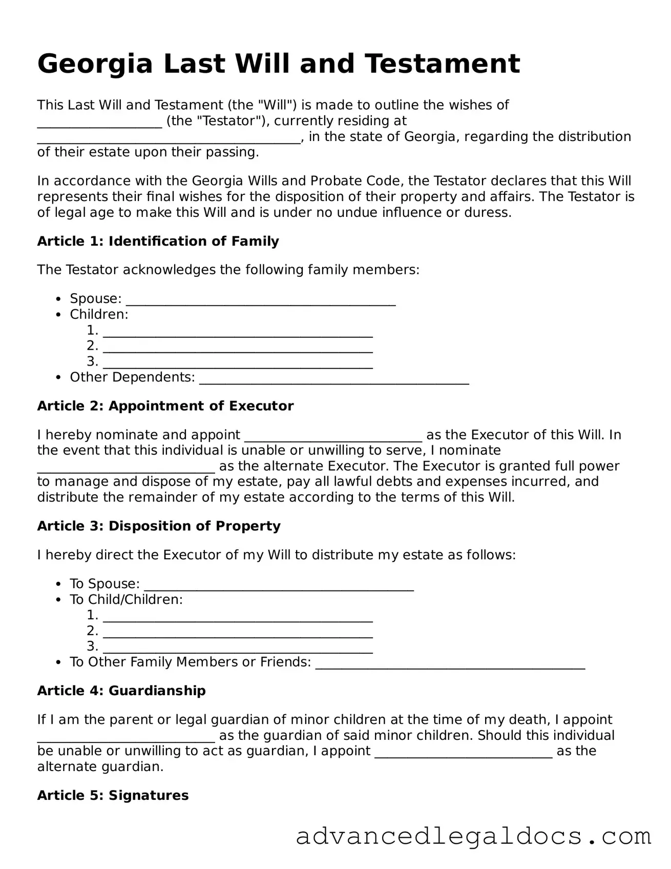 Fillable Last Will and Testament Form for Georgia State