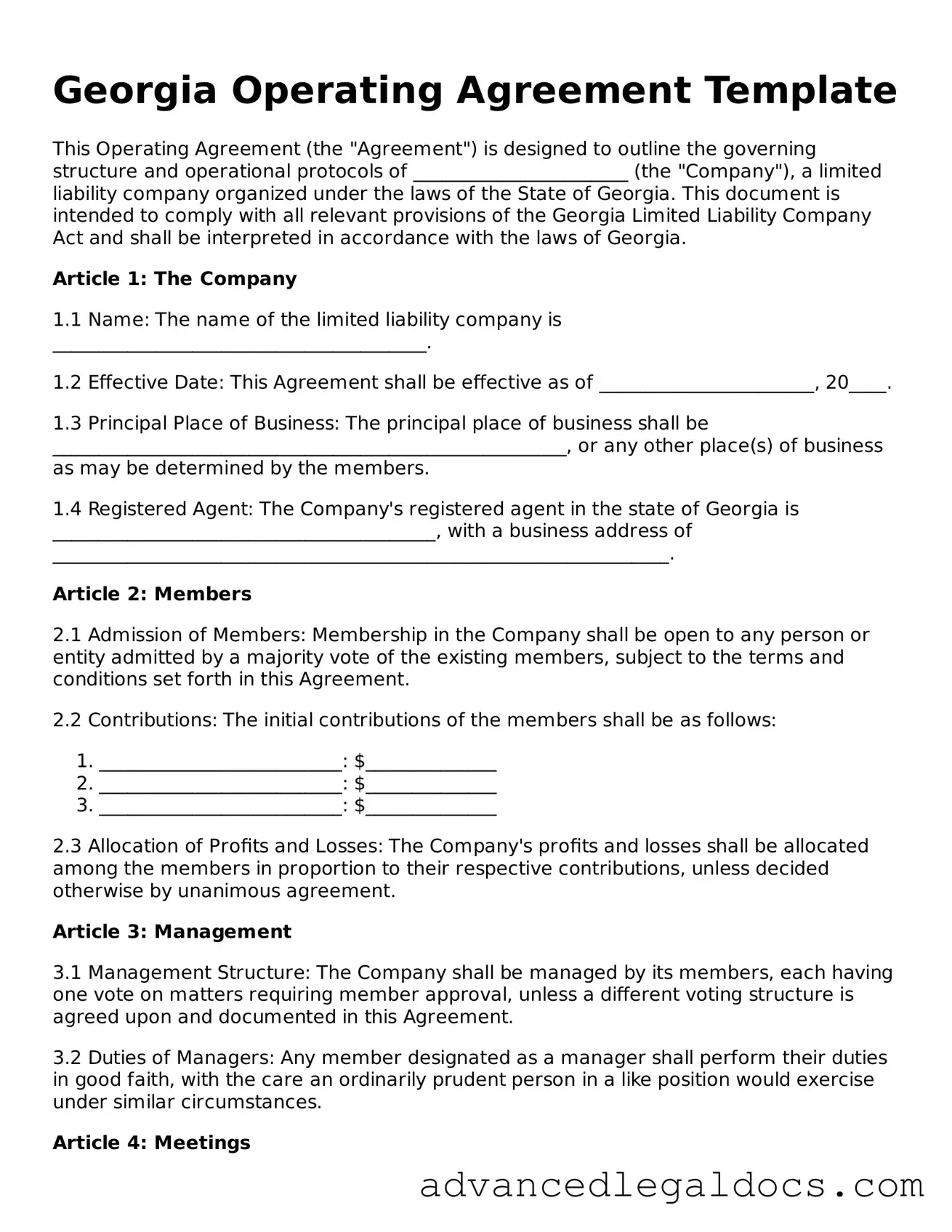 Fillable Operating Agreement Form for Georgia State