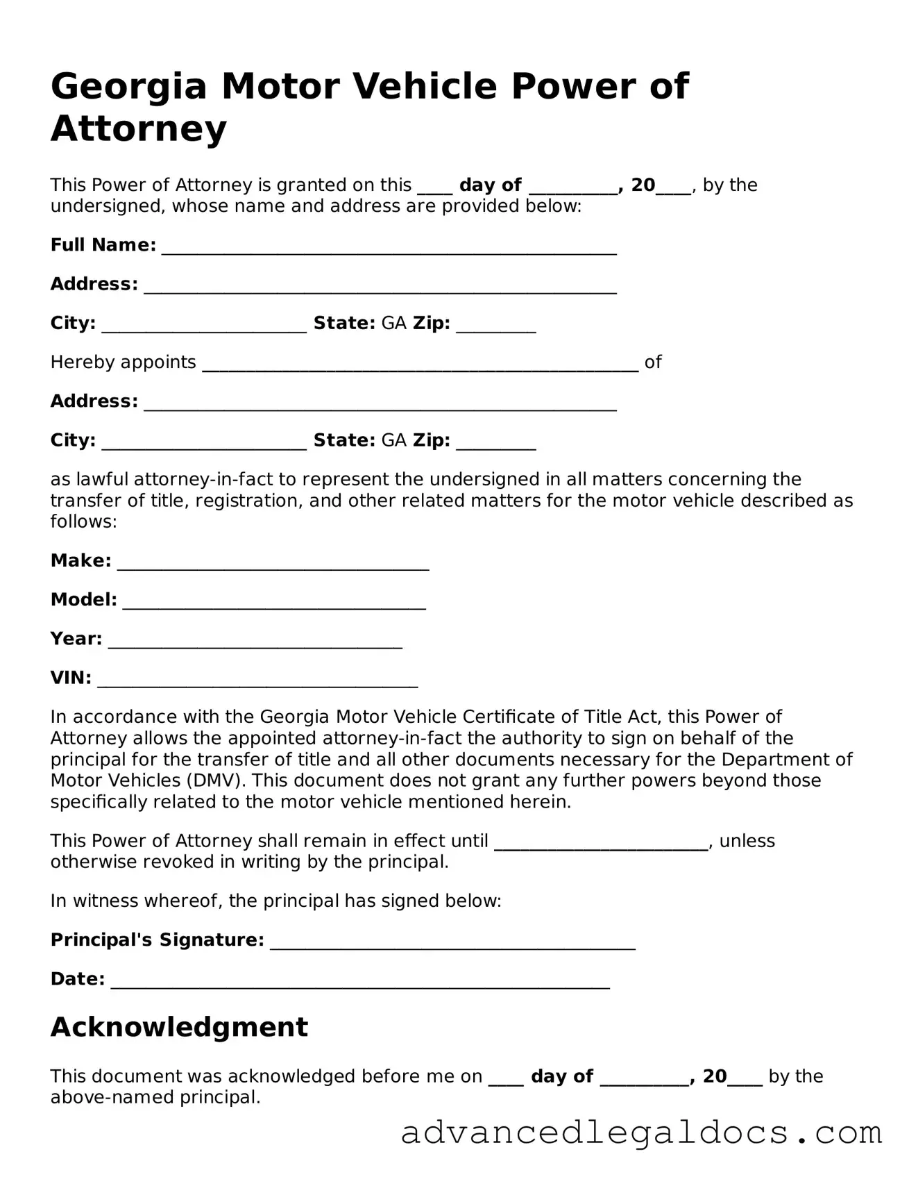 Fillable Motor Vehicle Power of Attorney Form for Georgia State