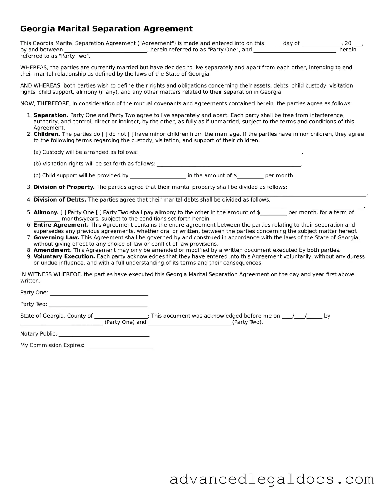Fillable Marital Separation Agreement Form for Georgia State