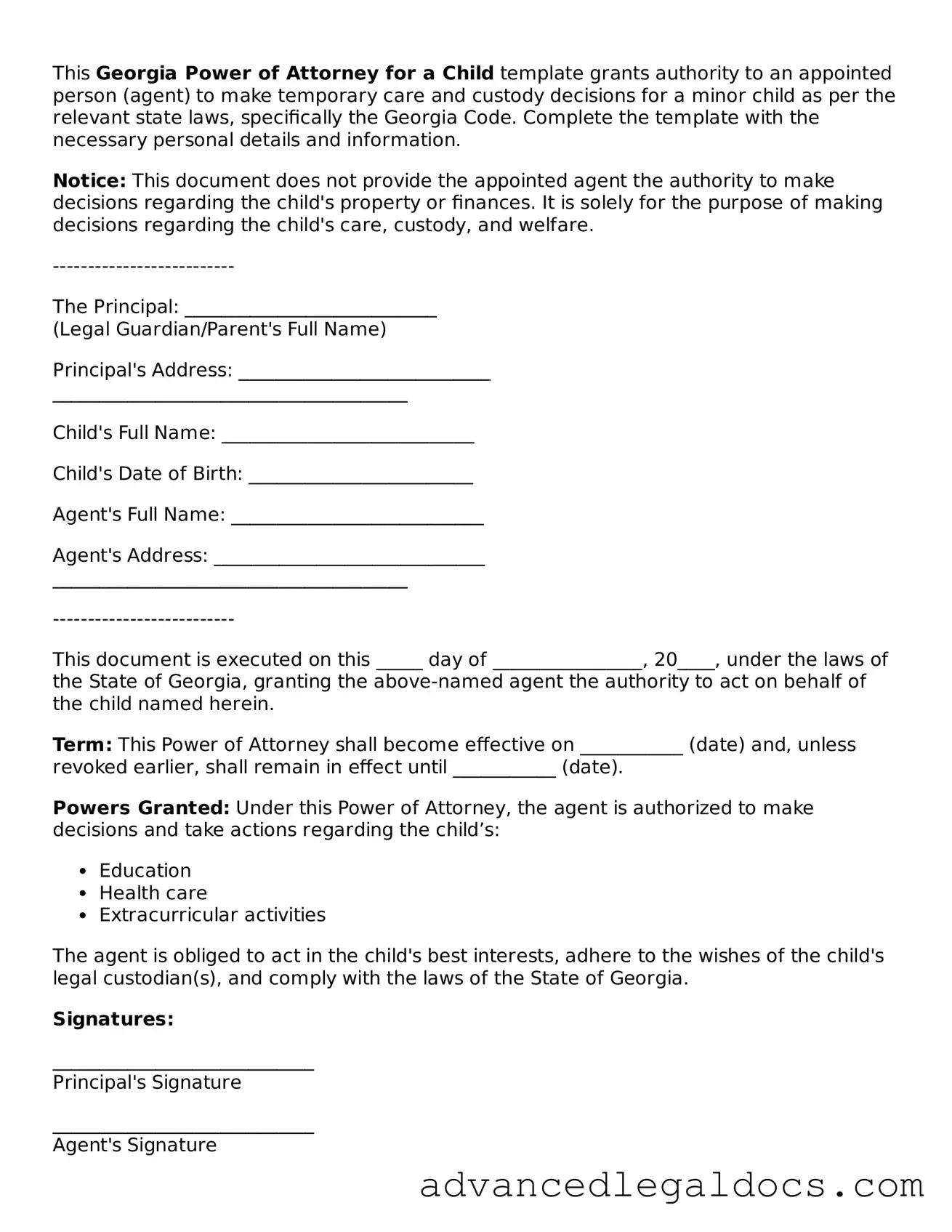 Fillable Power of Attorney for a Child Form for Georgia State