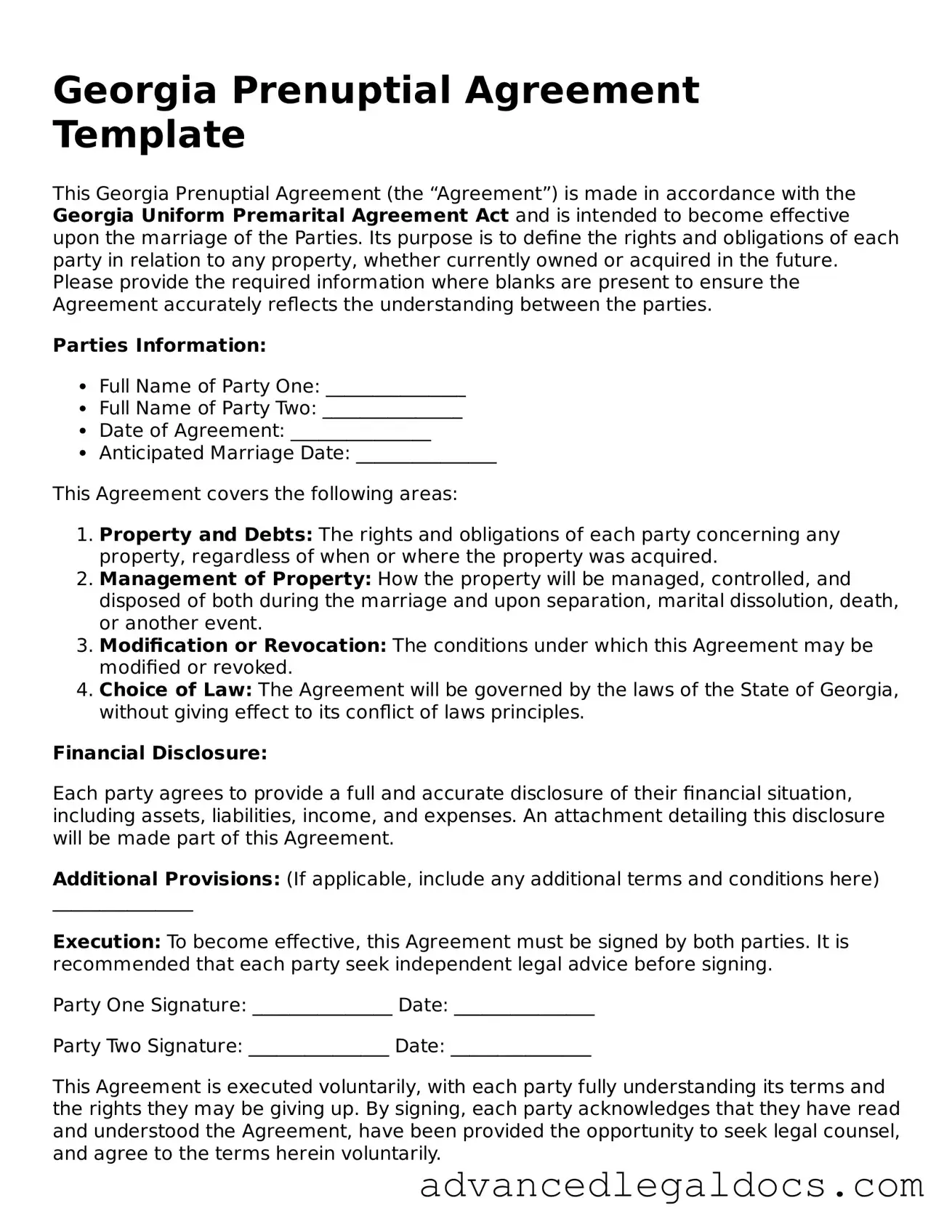 Fillable Prenuptial Agreement Form for Georgia State