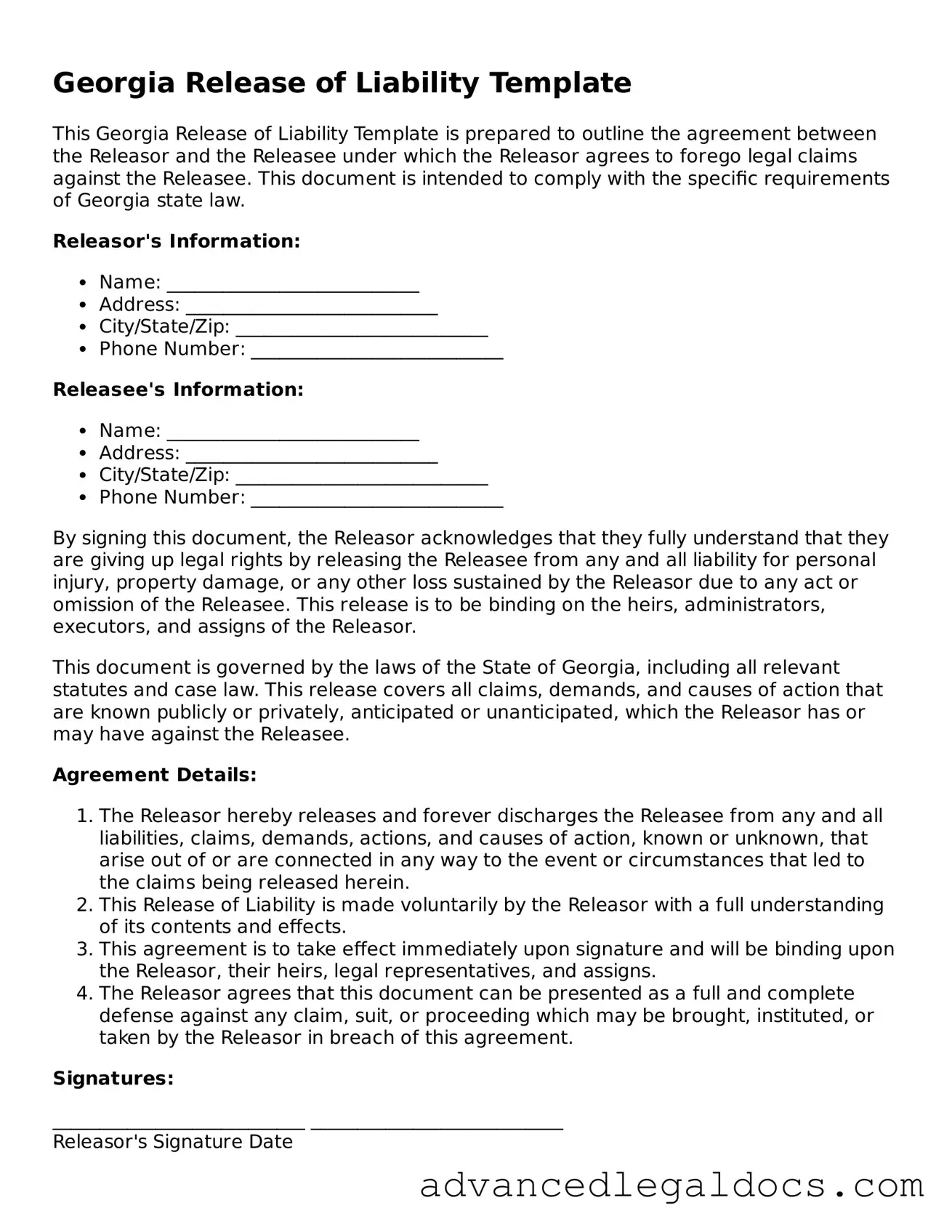 Fillable Release of Liability Form for Georgia State