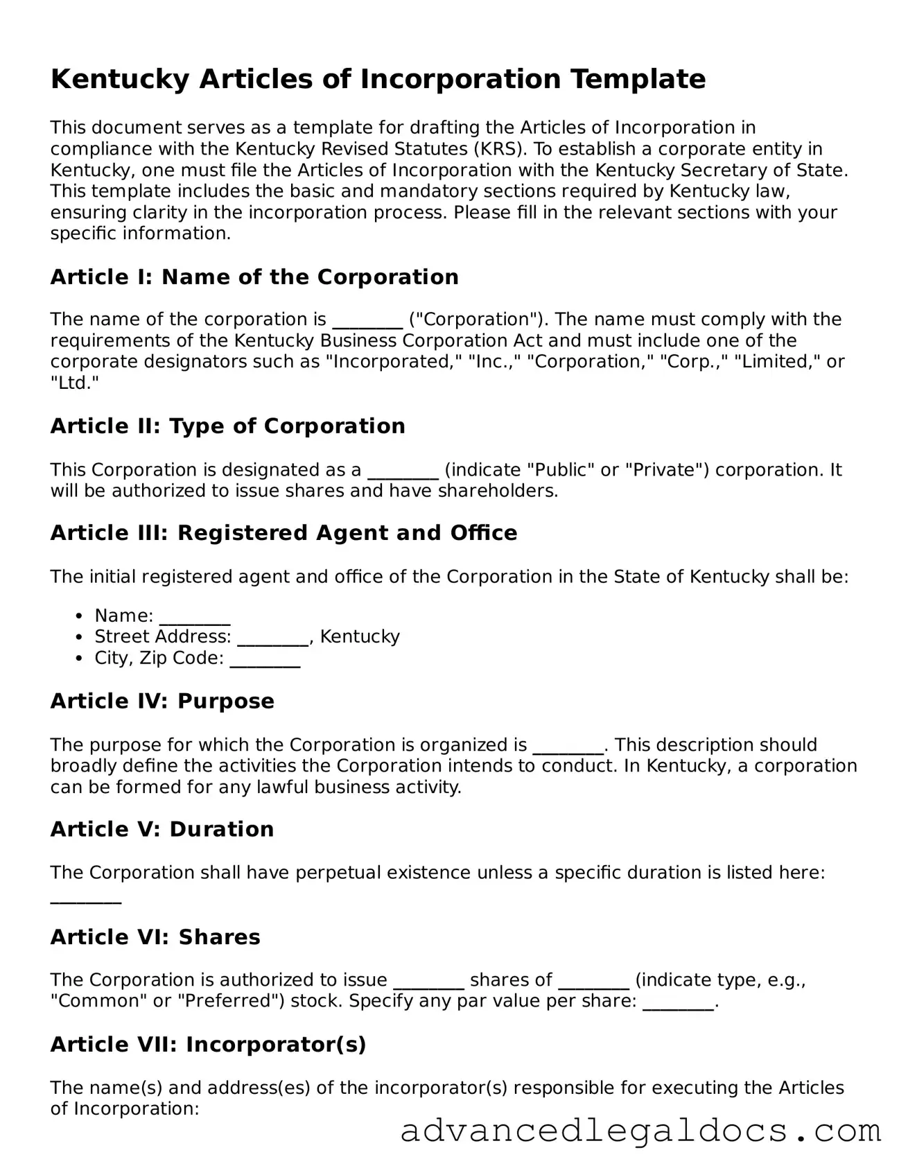 Fillable Articles of Incorporation Form for Kentucky State