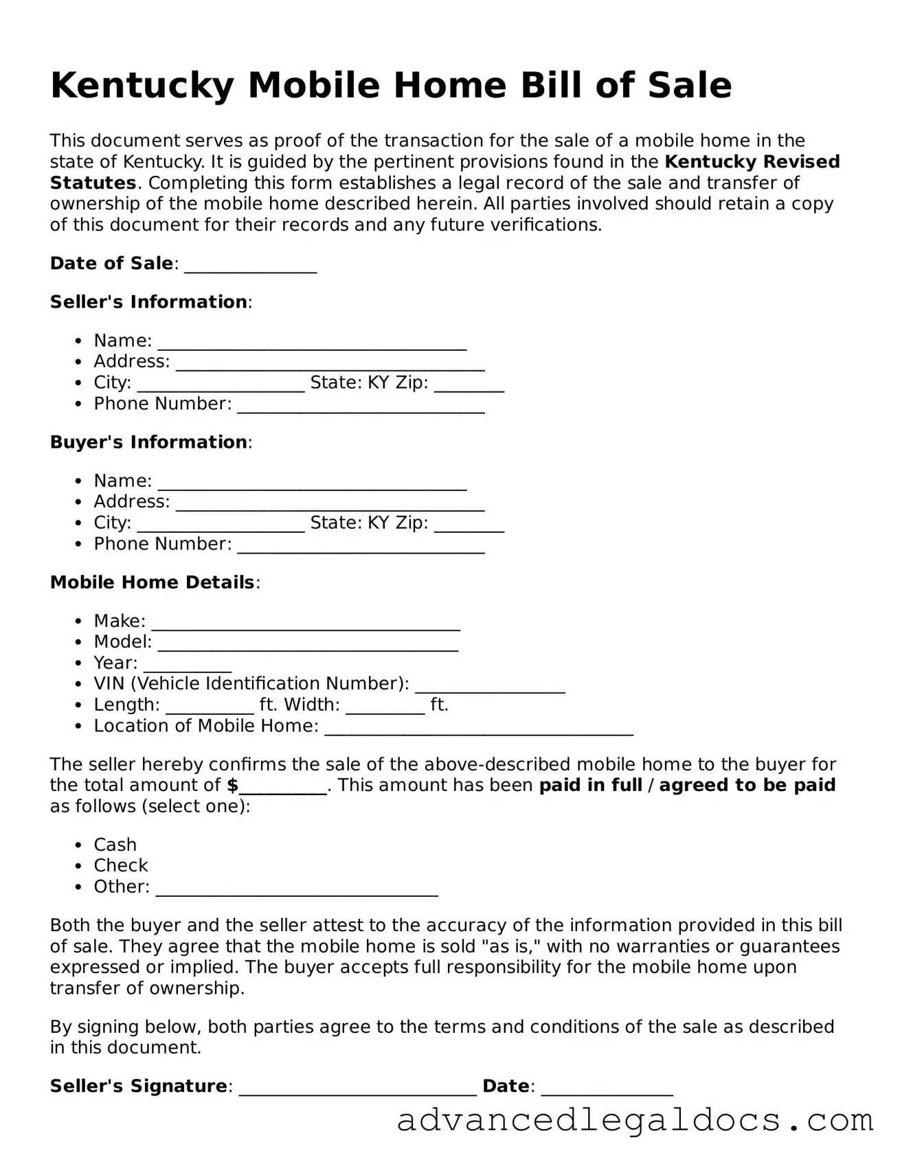 Fillable Mobile Home Bill of Sale Form for Kentucky State