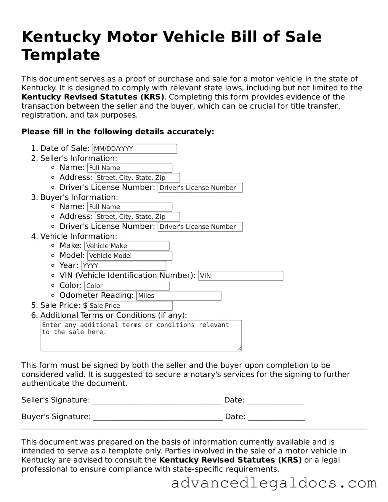 Fillable Motor Vehicle Bill of Sale Form for Kentucky State