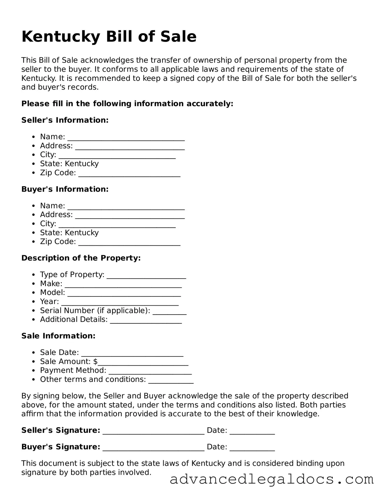 Fillable Bill of Sale Form for Kentucky State