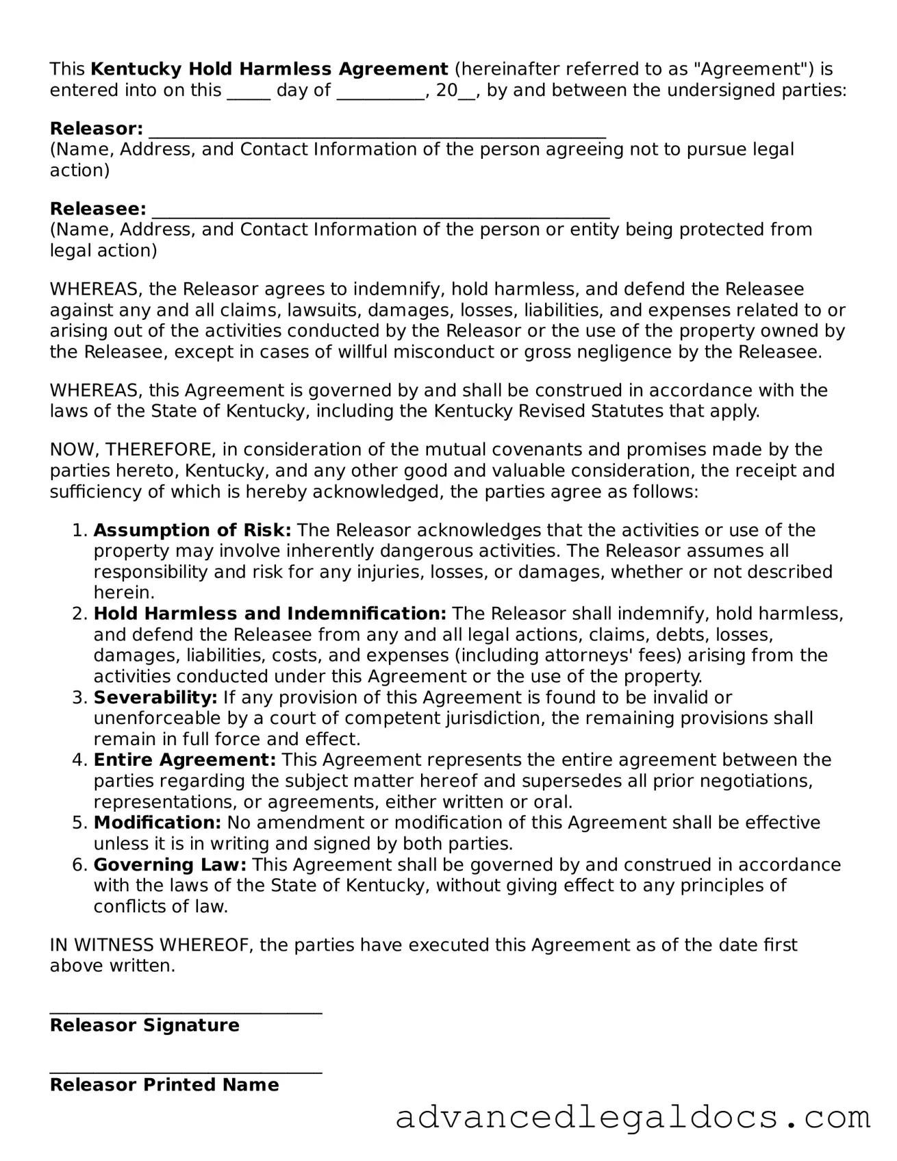 Fillable Hold Harmless Agreement Form for Kentucky State