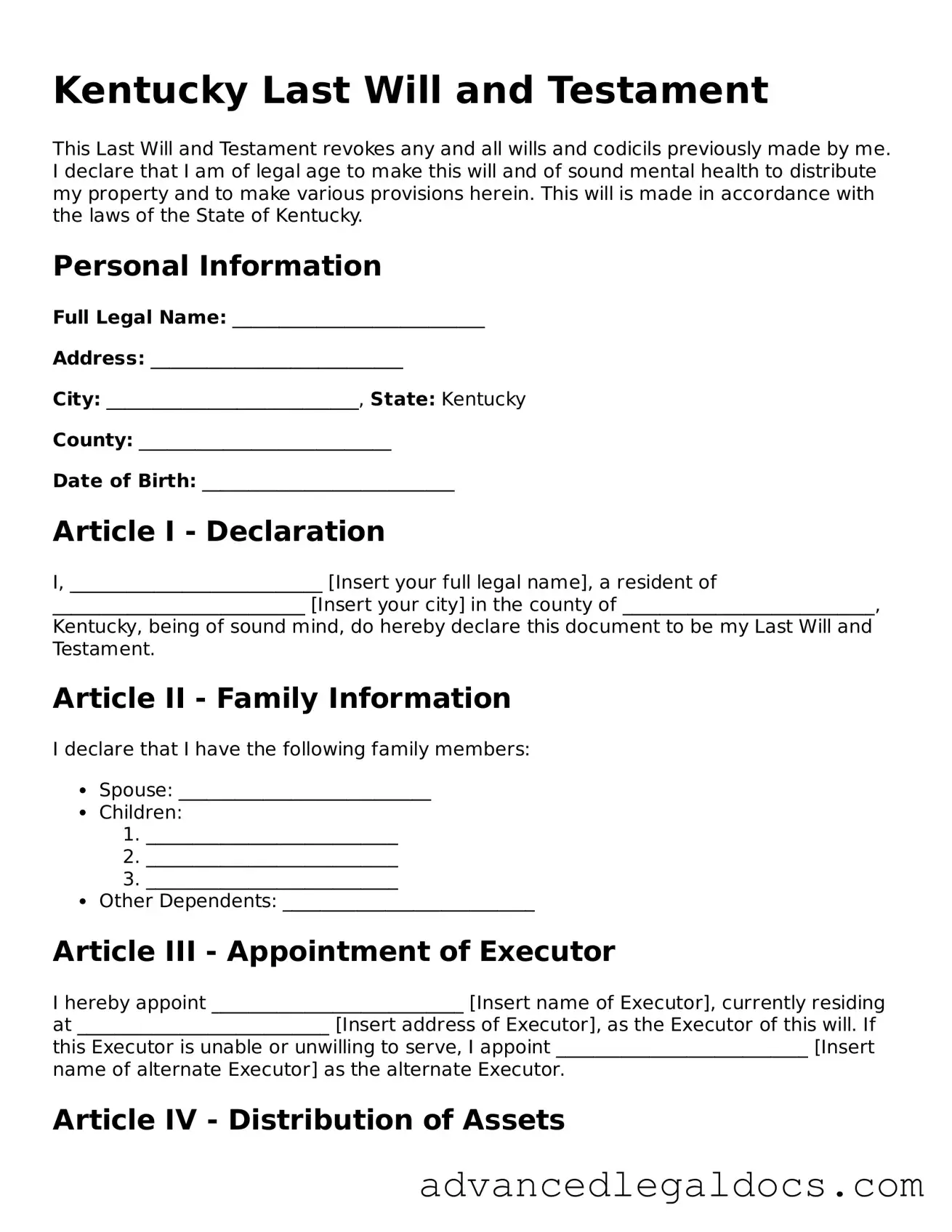Fillable Last Will and Testament Form for Kentucky State
