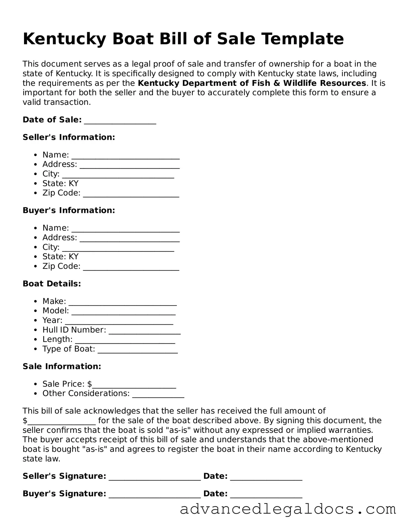 Fillable Boat Bill of Sale Form for Kentucky State