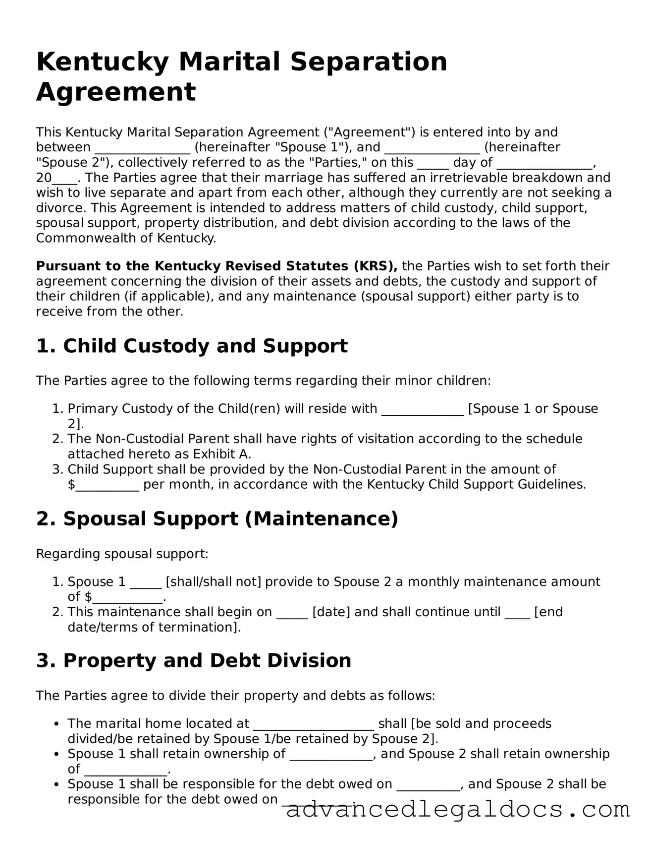 Fillable Marital Separation Agreement Form for Kentucky State