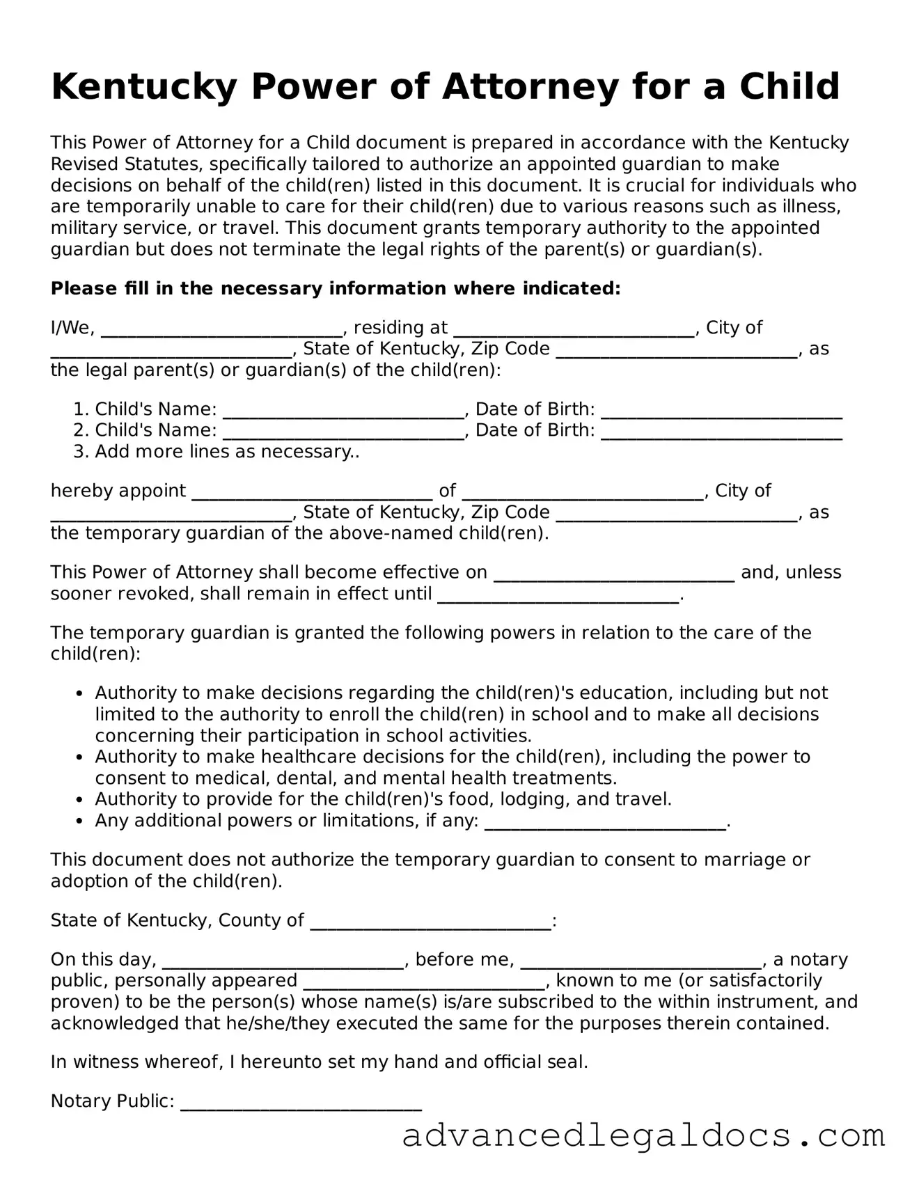 Fillable Power of Attorney for a Child Form for Kentucky State