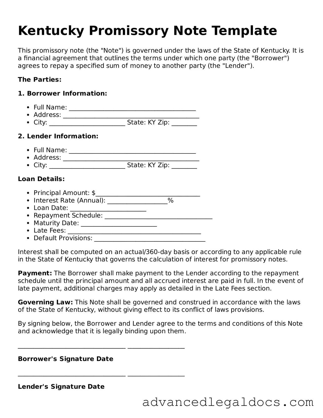 Fillable Promissory Note Form for Kentucky State