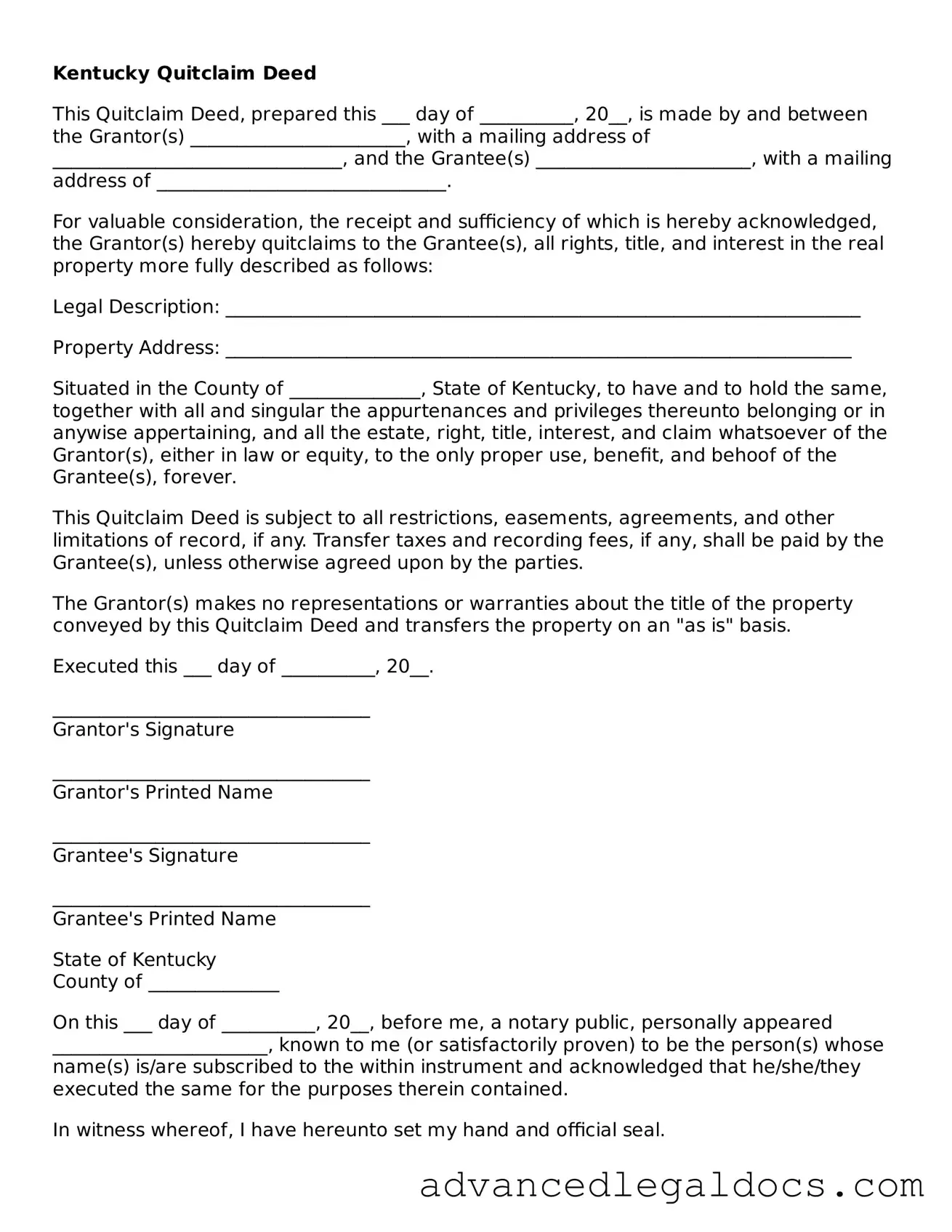 Fillable Quitclaim Deed Form for Kentucky State