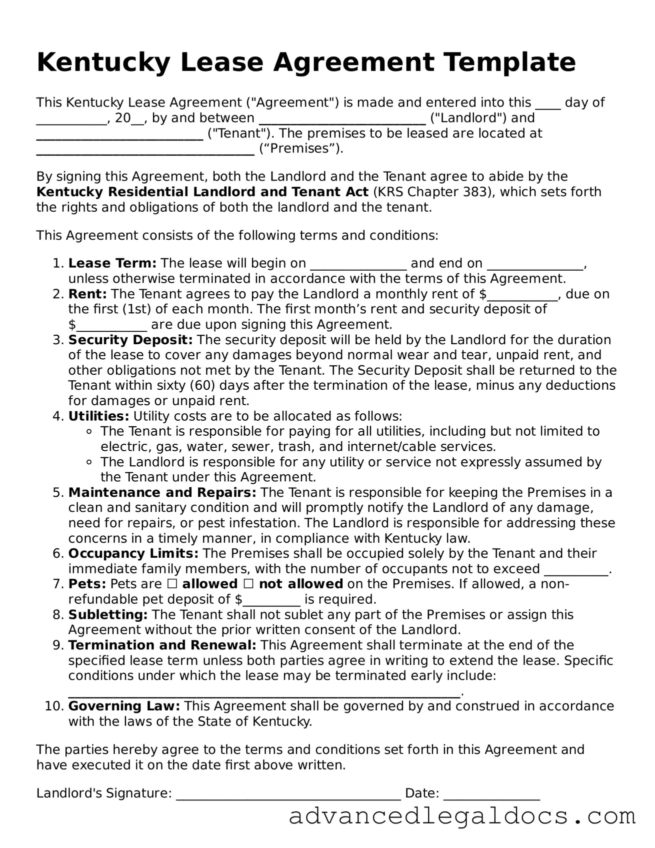 Fillable Lease Agreement Form for Kentucky State