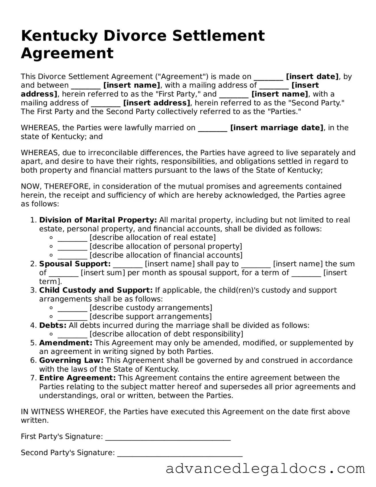 Fillable Divorce Settlement Agreement Form for Kentucky State