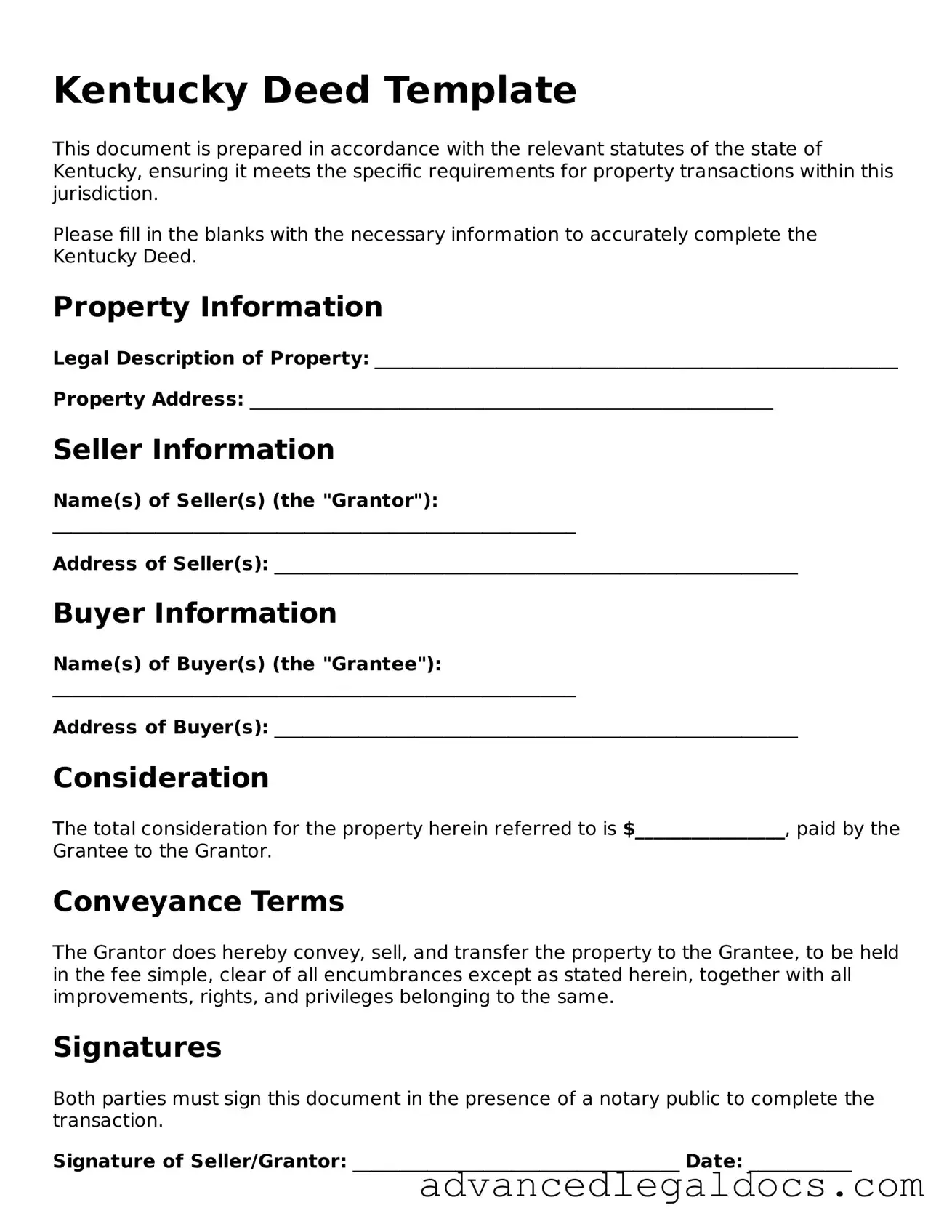 Fillable Deed Form for Kentucky State