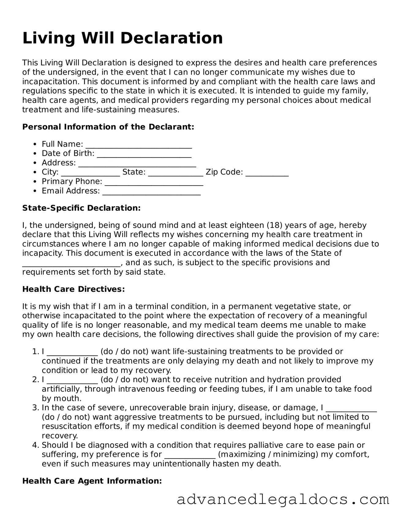 Living Will Template Printable PDF Form Living Will Template Printable PDF Form