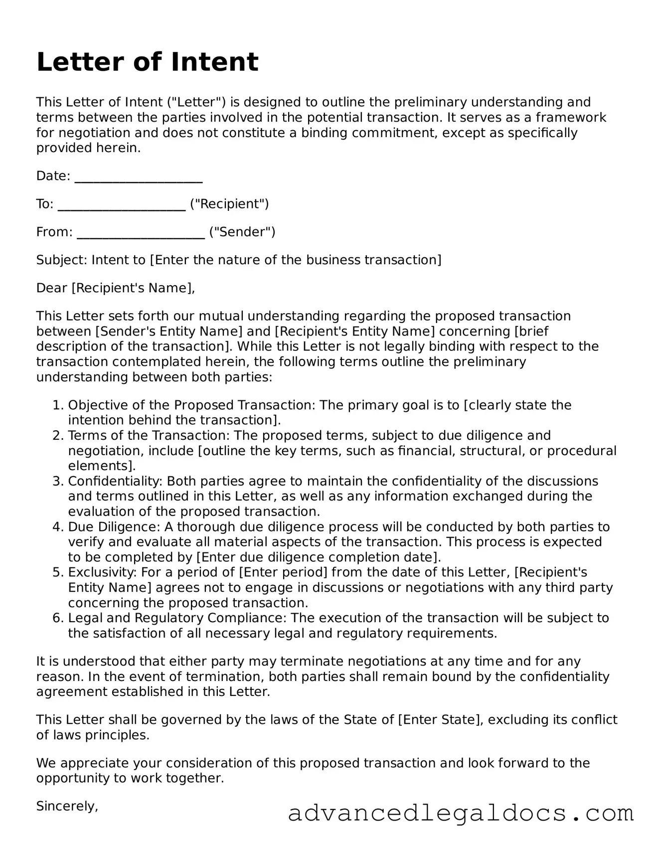 Blank Letter of Intent Template