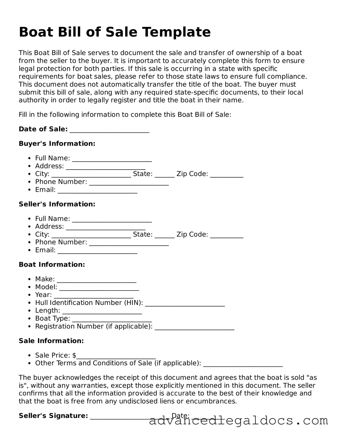 Blank Boat Bill of Sale Template
