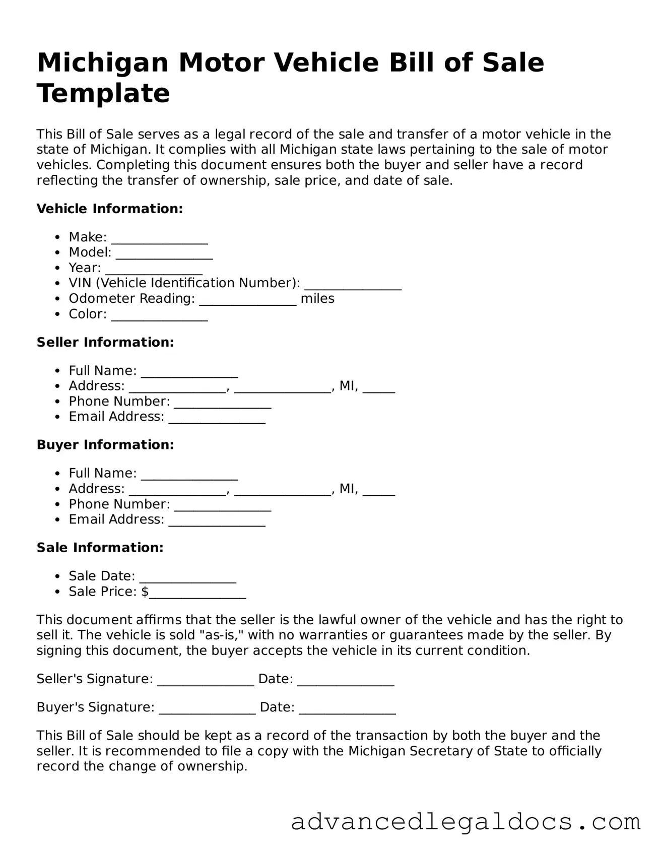Fillable Motor Vehicle Bill of Sale Form for Michigan State