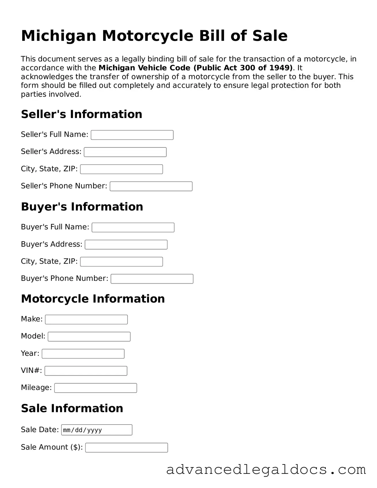 Fillable Motorcycle Bill of Sale Form for Michigan State