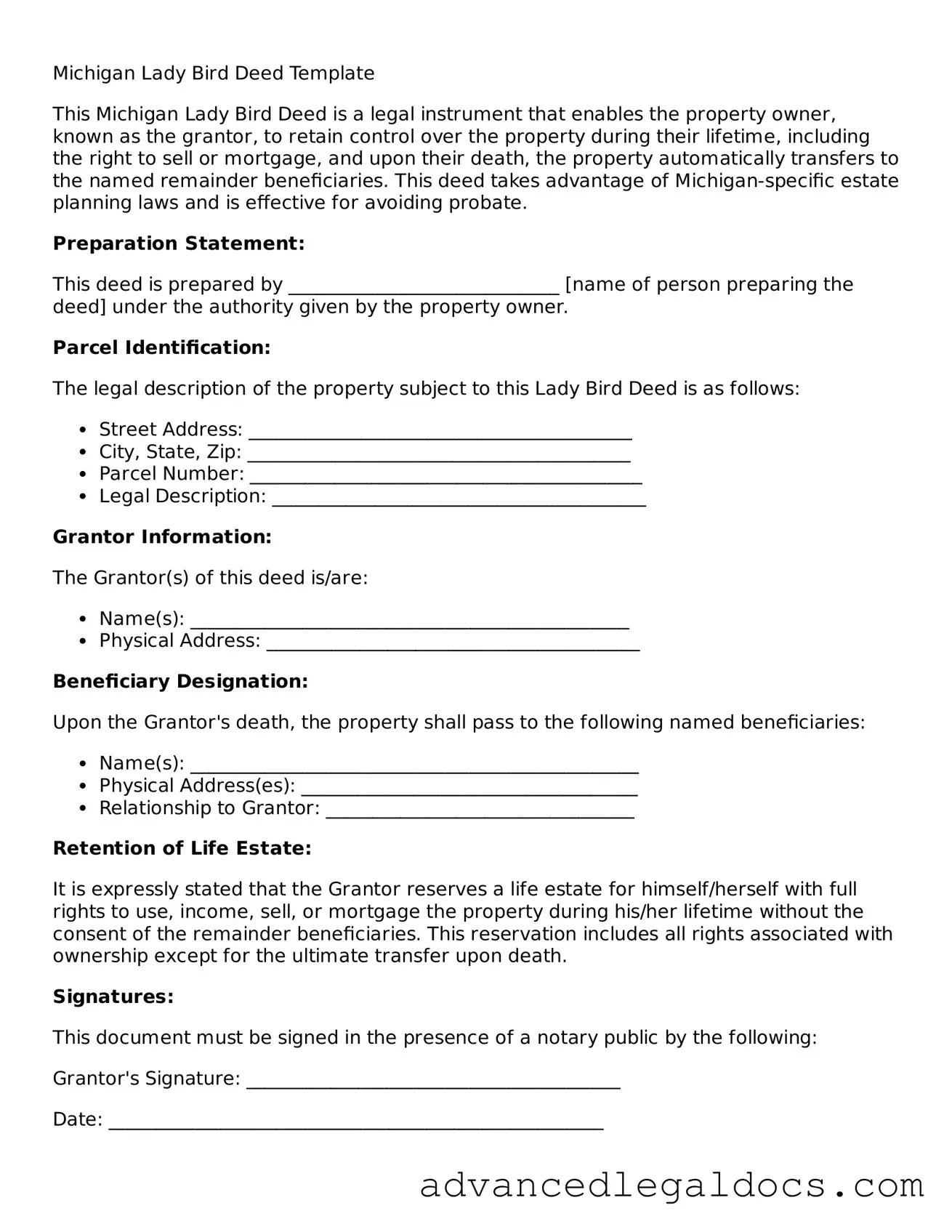 Fillable Lady Bird Deed Form for Michigan State