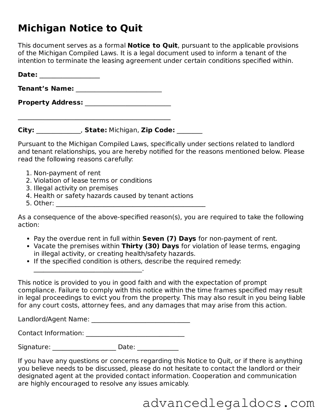 Fillable Notice to Quit Form for Michigan State