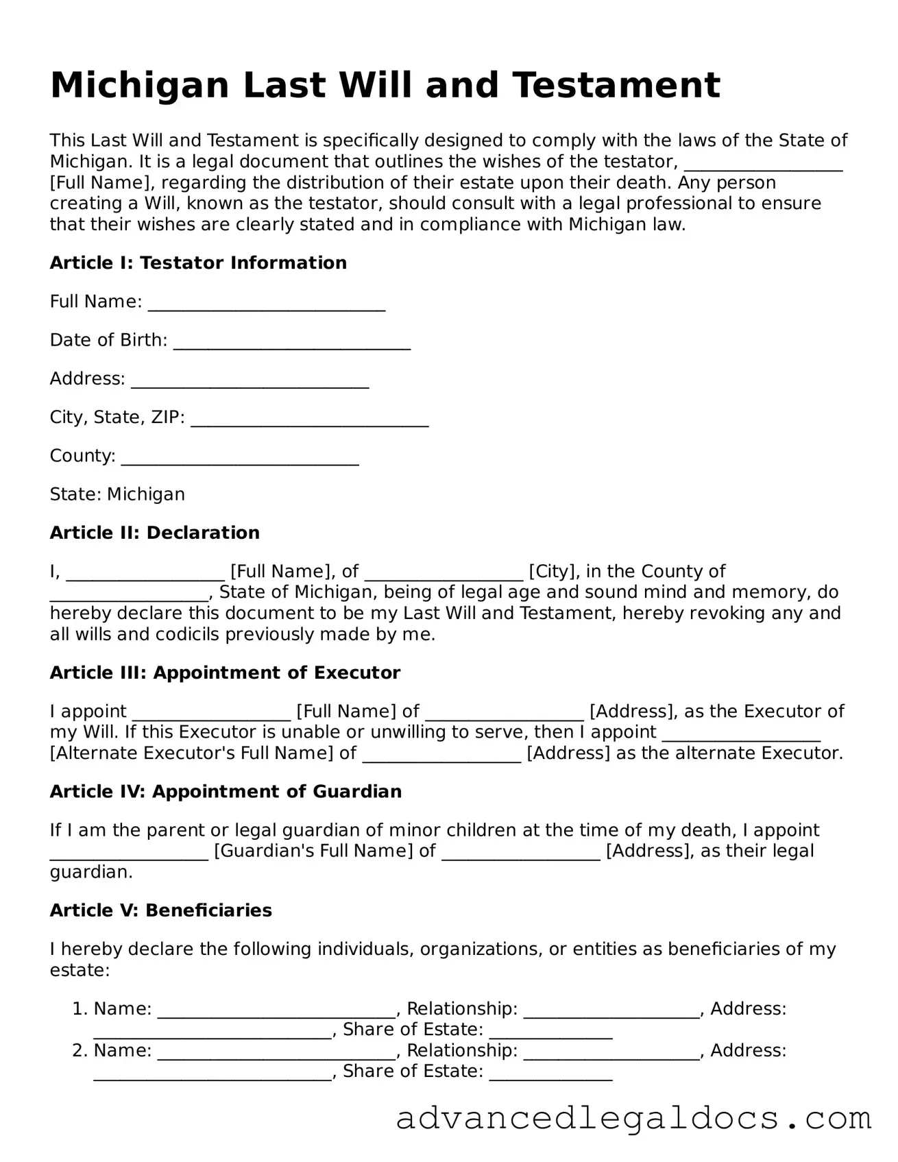 Fillable Last Will and Testament Form for Michigan State