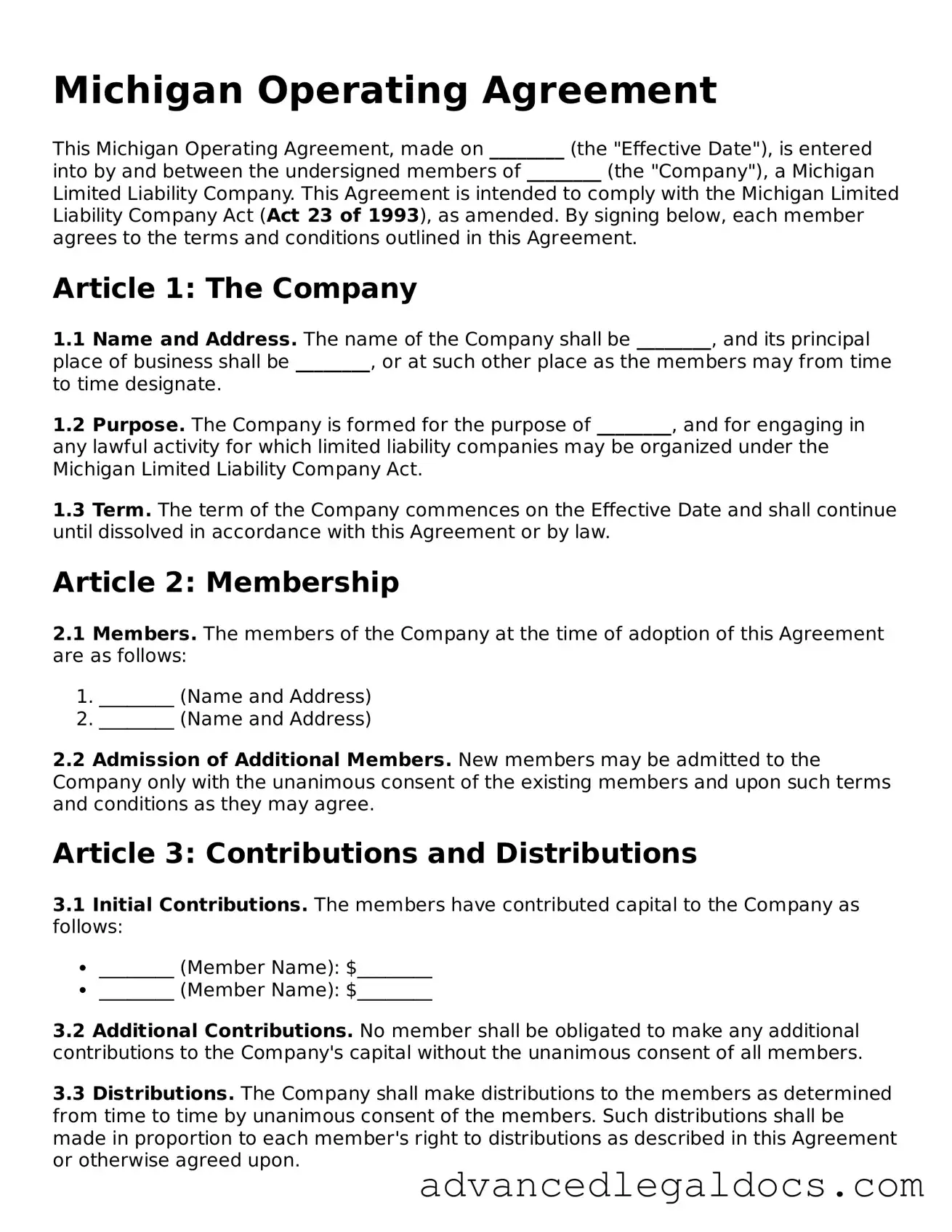 Fillable Operating Agreement Form for Michigan State