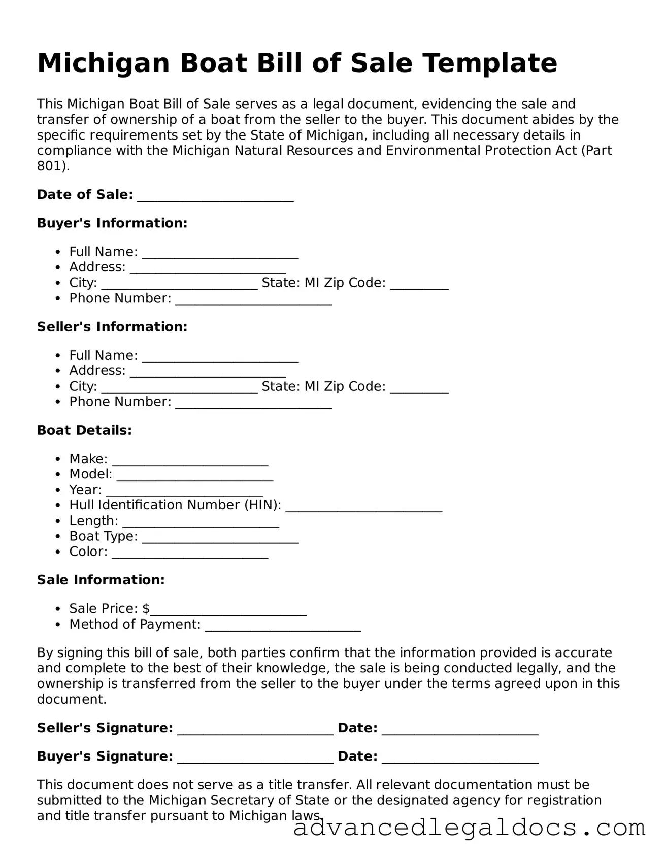 Fillable Boat Bill of Sale Form for Michigan State
