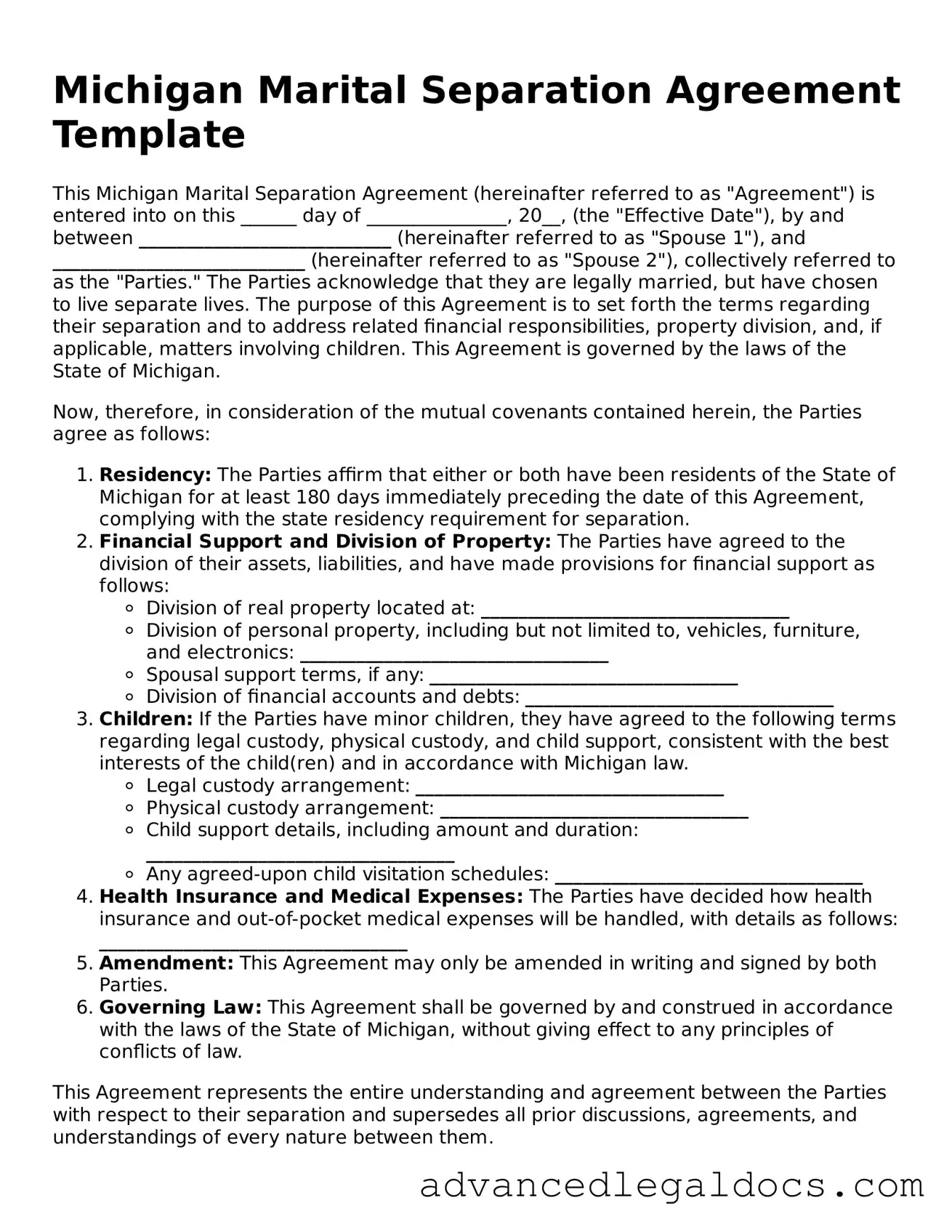 Fillable Marital Separation Agreement Form for Michigan State