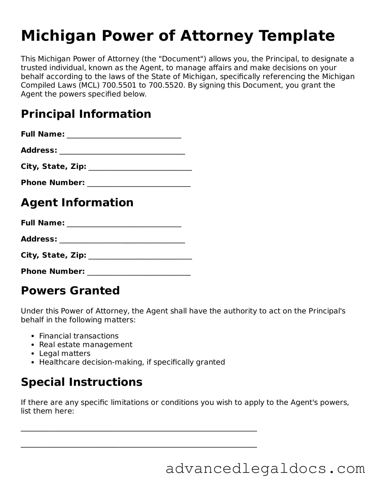 Fillable Power of Attorney Form for Michigan State