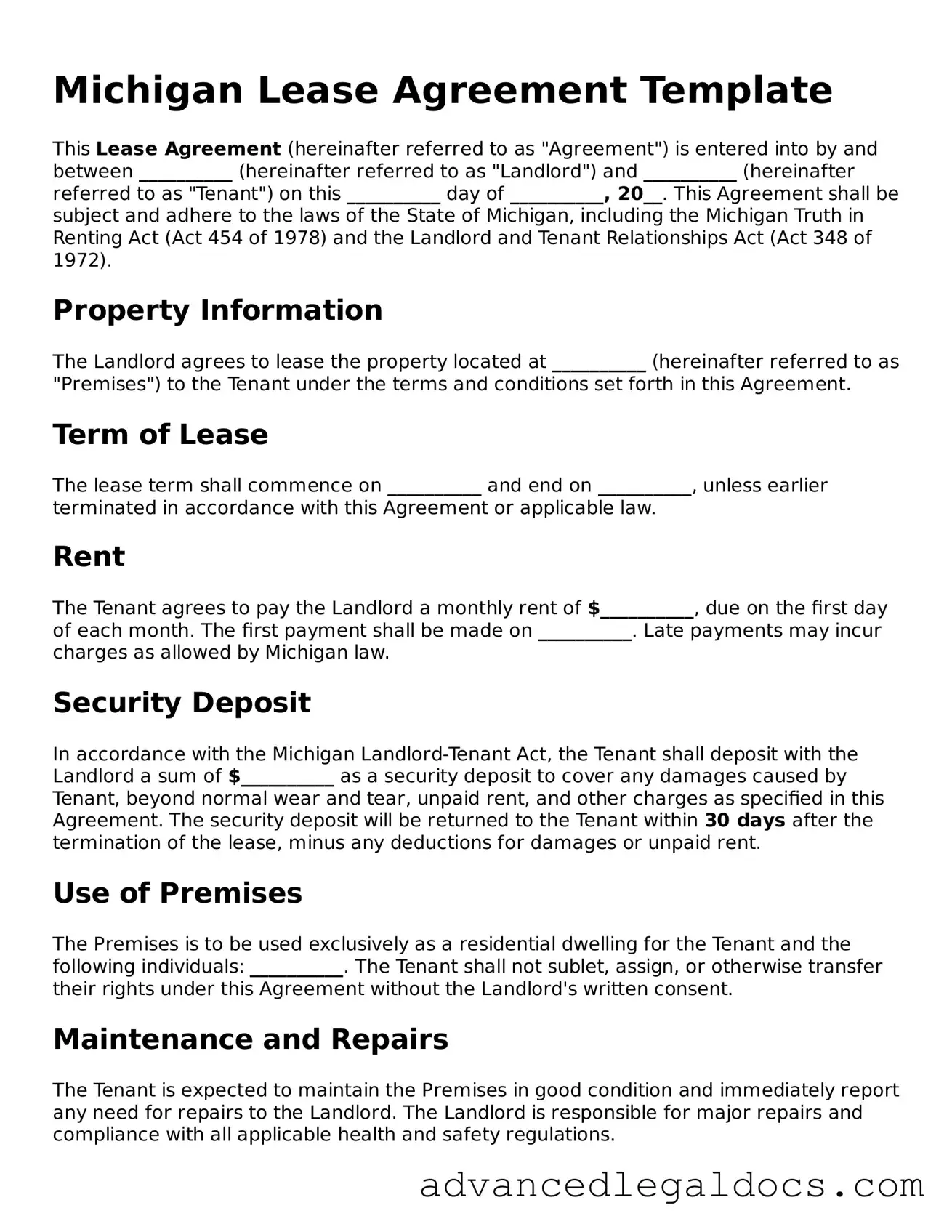 Fillable Lease Agreement Form for Michigan State