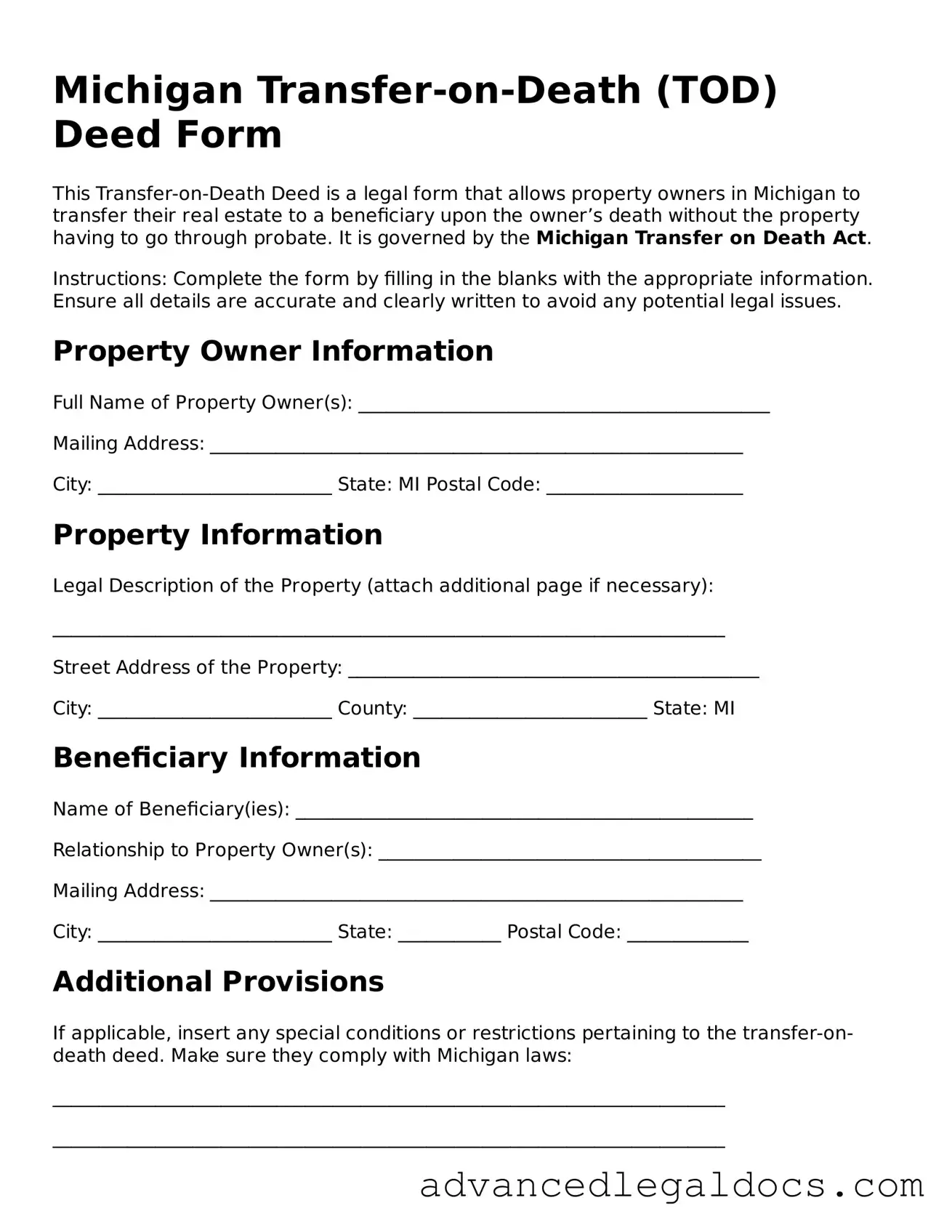 Fillable Transfer-on-Death Deed Form for Michigan State