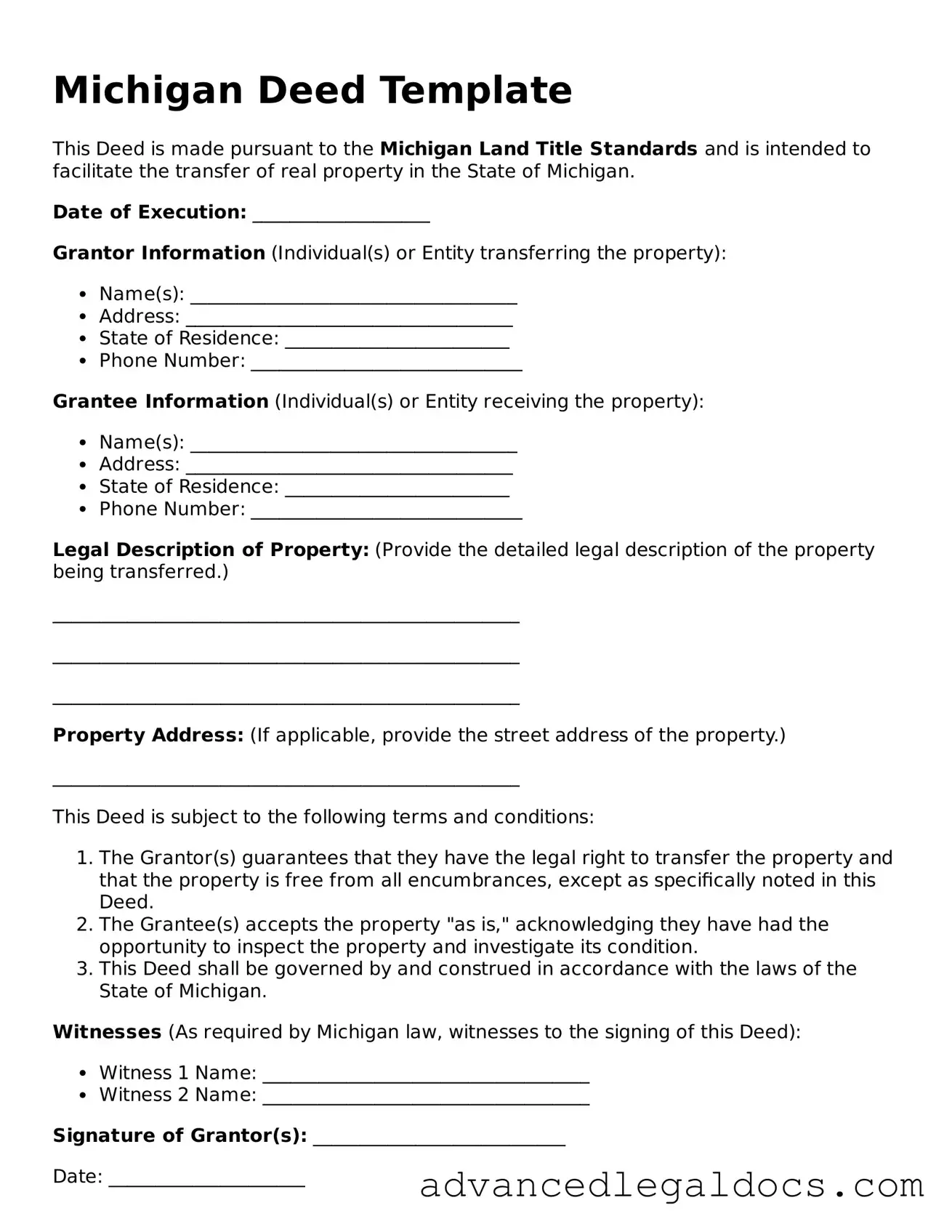 Fillable Deed Form for Michigan State