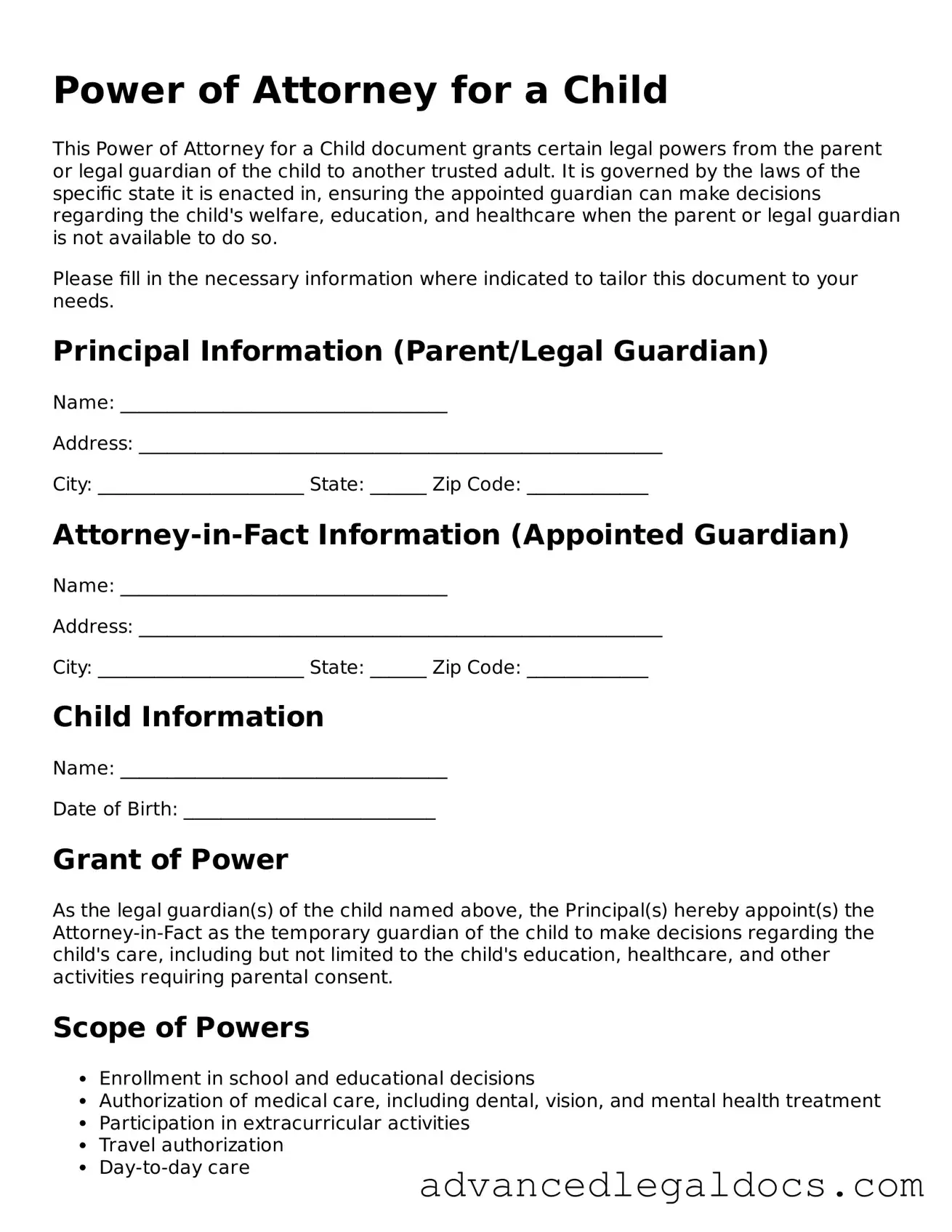 Blank Power of Attorney for a Child Template