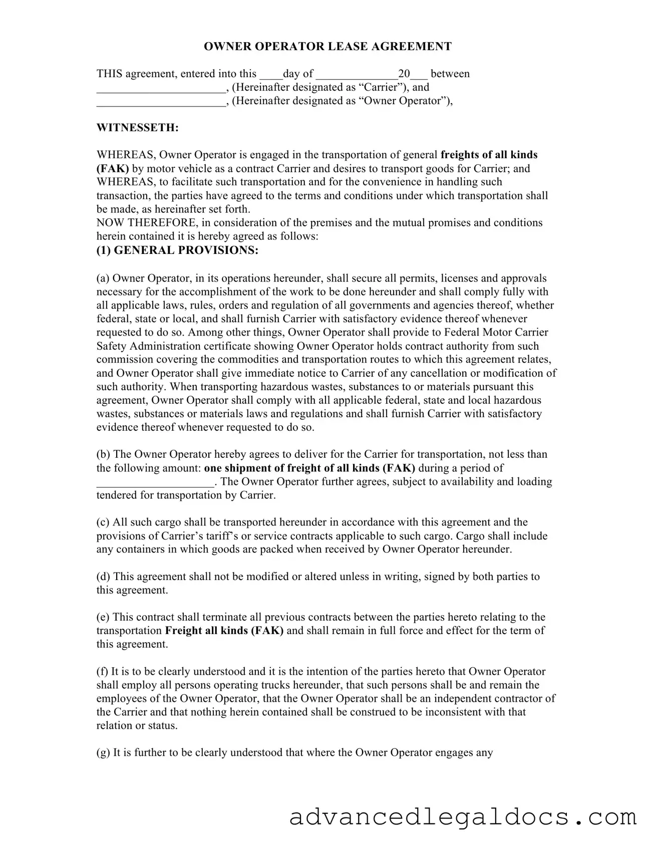 Fill Out Your Owner Operator Lease Agreement Form