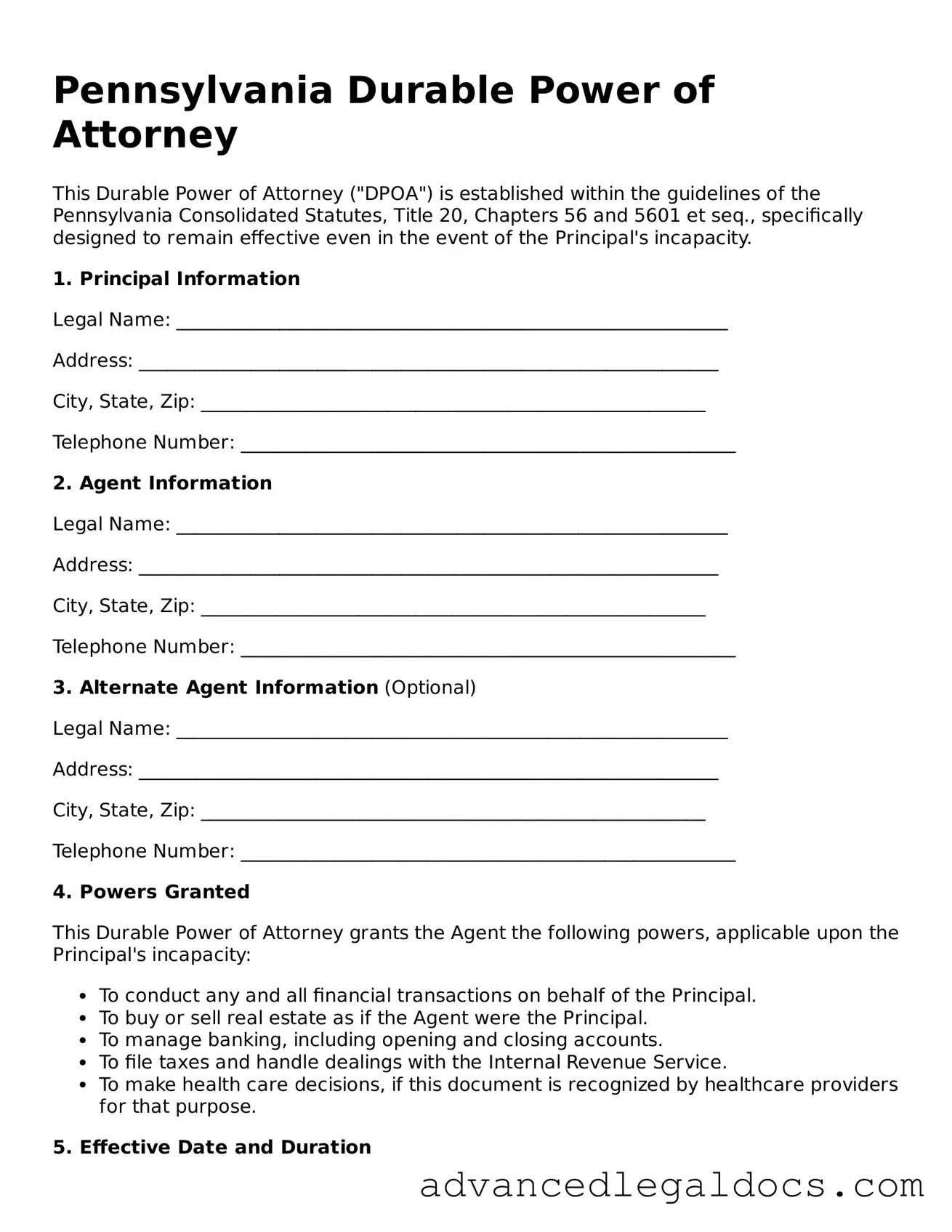 Fillable Durable Power of Attorney Form for Pennsylvania State