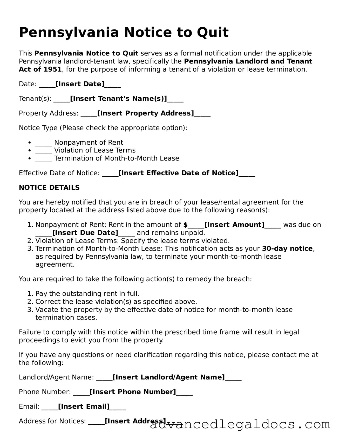 Fillable Notice to Quit Form for Pennsylvania State